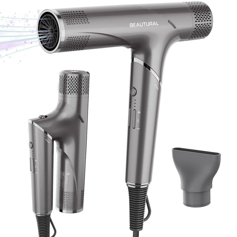 High-Speed Foldable Travel Hair Dryer - 1600W Brushless Motor for Fast Drying & Frizz Control | Dual Voltage, Gray