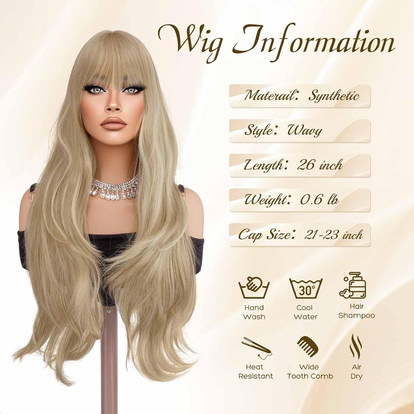 Blonde Wigs with Bangs - Long Layered Natural-Looking Synthetic Wavy Hair | 26-Inch Dirty Blonde