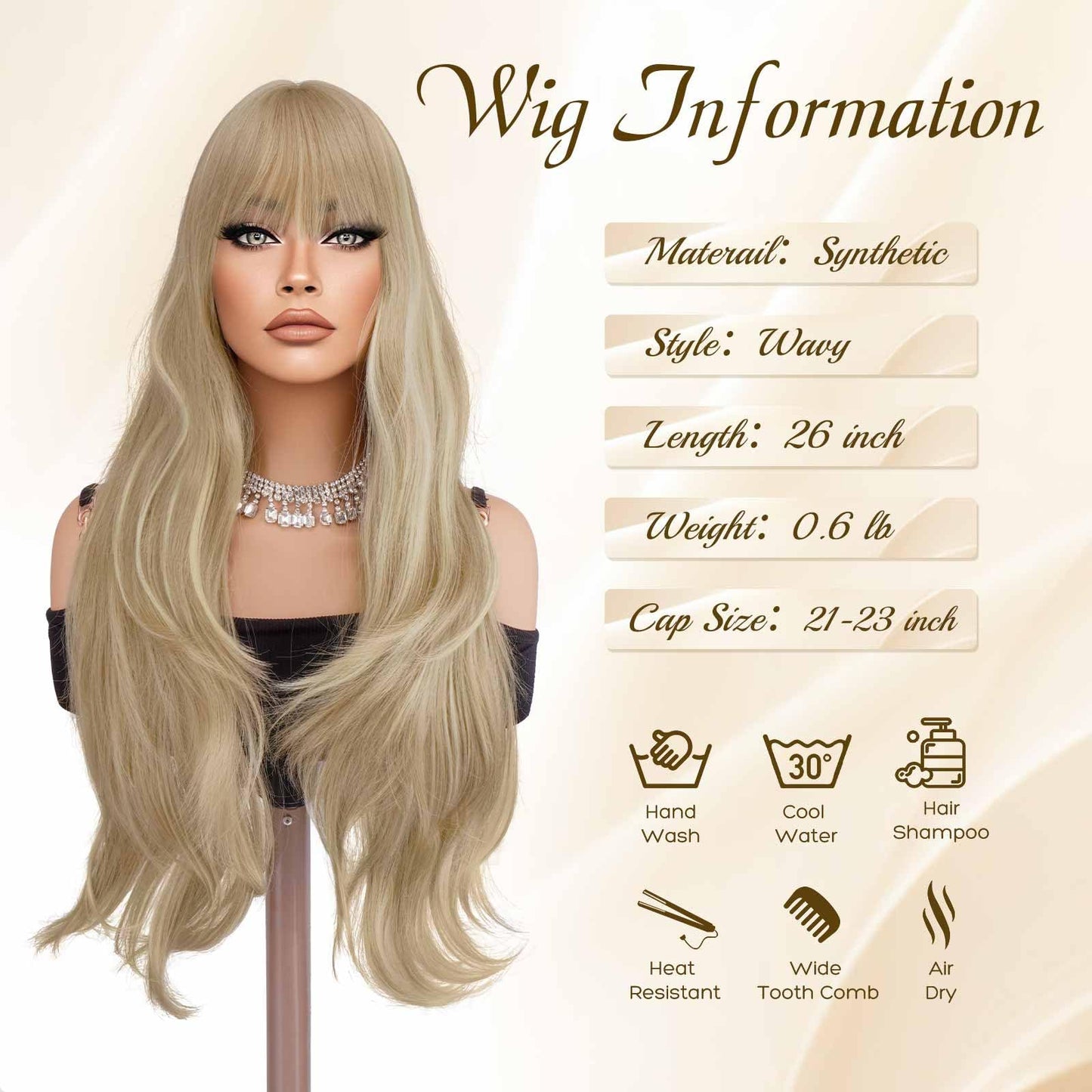 Haloo Blonde Wigs with Bangs - Long Layered Natural Looking Synthetic Heat Resistant Wavy Hair Wigs for Women Daily Party, 26 Inch Dirty Blonde