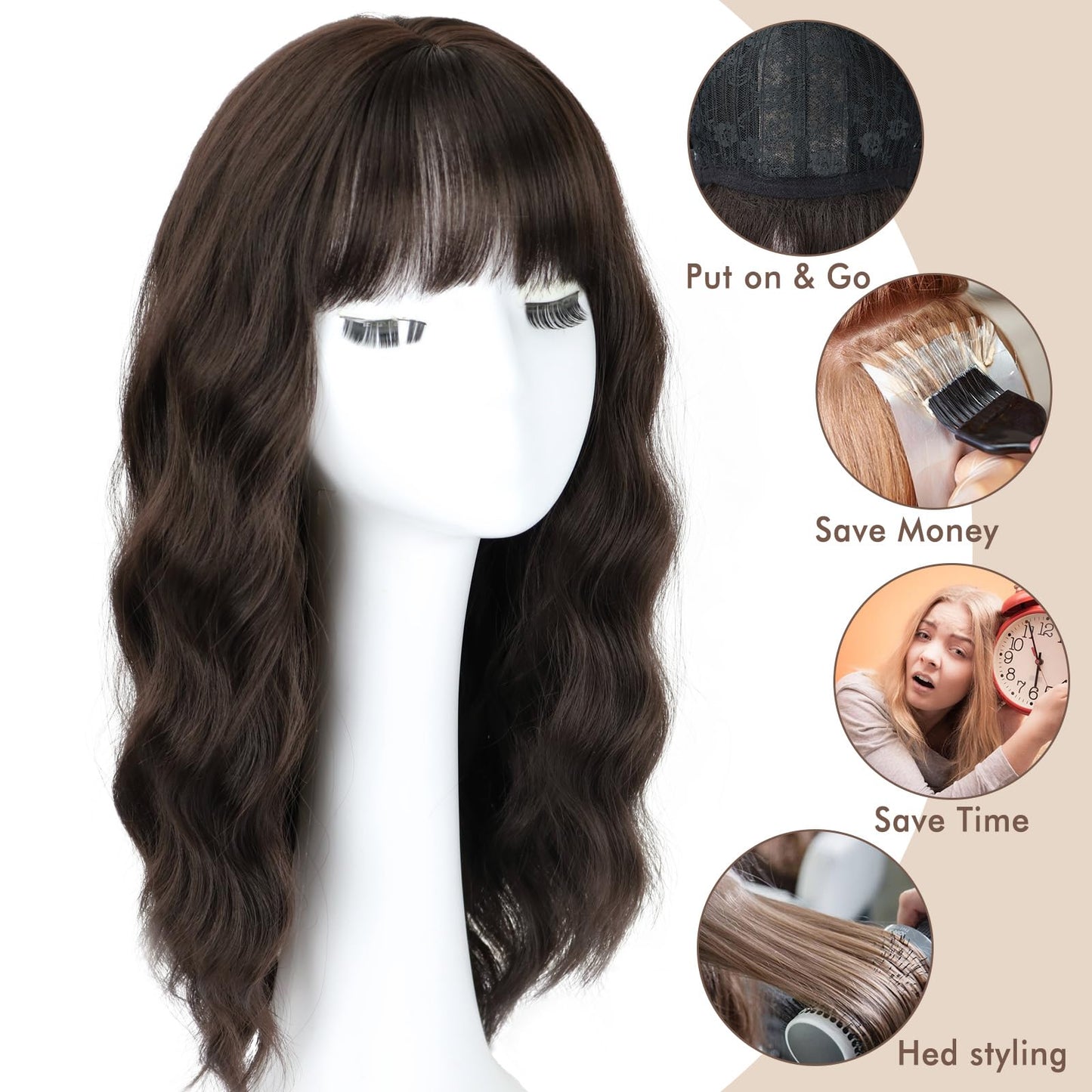 NOVFLKW Brown Medium Long Wavy Wigs for Women 20inch Dark Brown Wig with Bangs-Shoulder Length Wavy Curly Synthetic Heat Resistant Fiber Full Hair For Daily Use