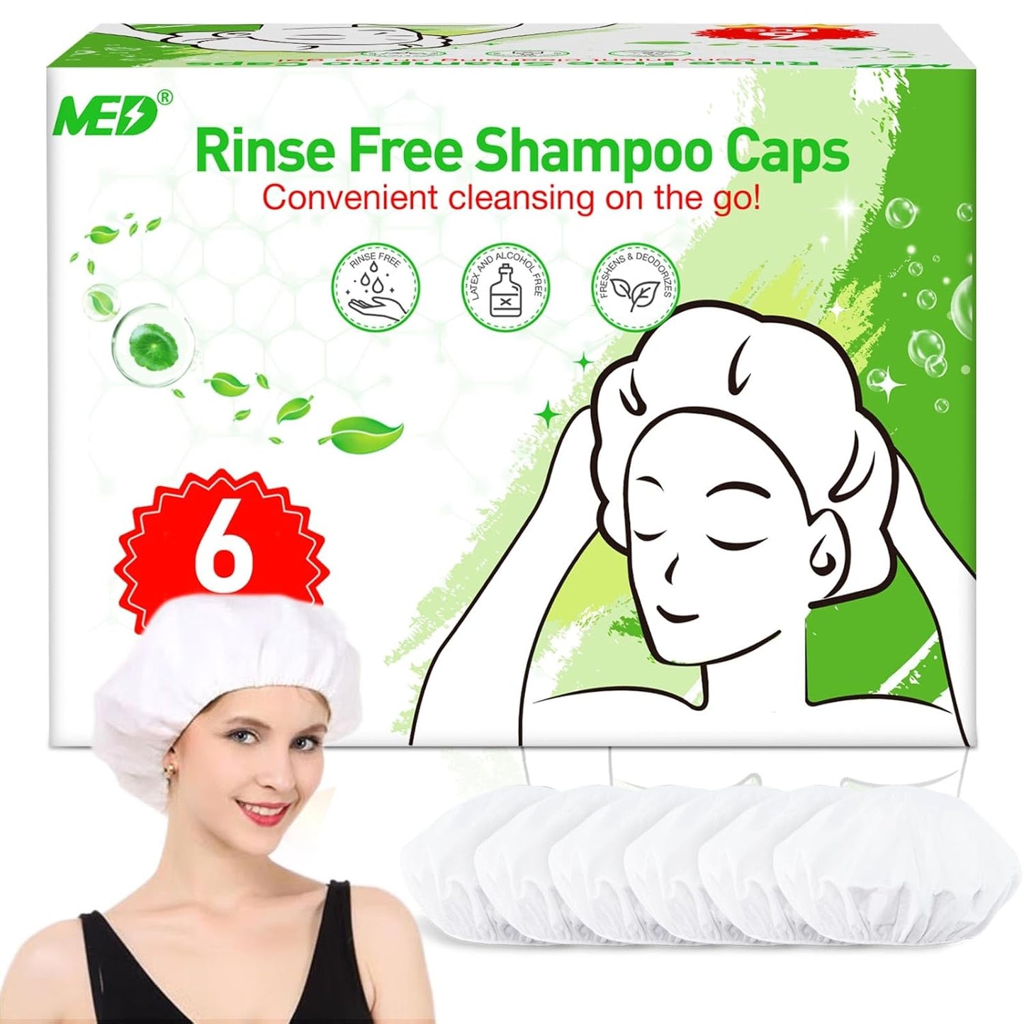 Waterless Shampoo Caps - No Rinse Hair Washing Shower Caps | 6-Pack for Elderly & Camping