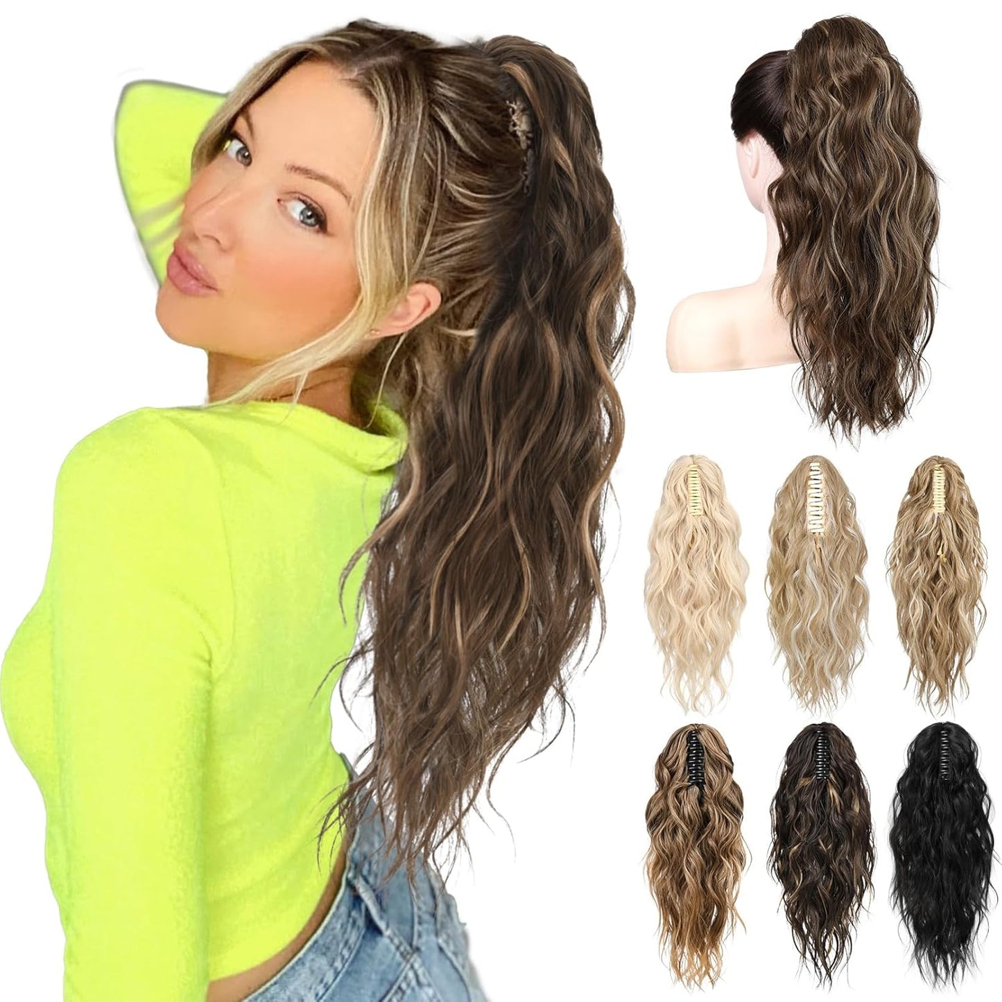 Ponytail Extension - 18" Wavy Claw Clip Hairpiece | Synthetic Curly Ponytail - Black Brown