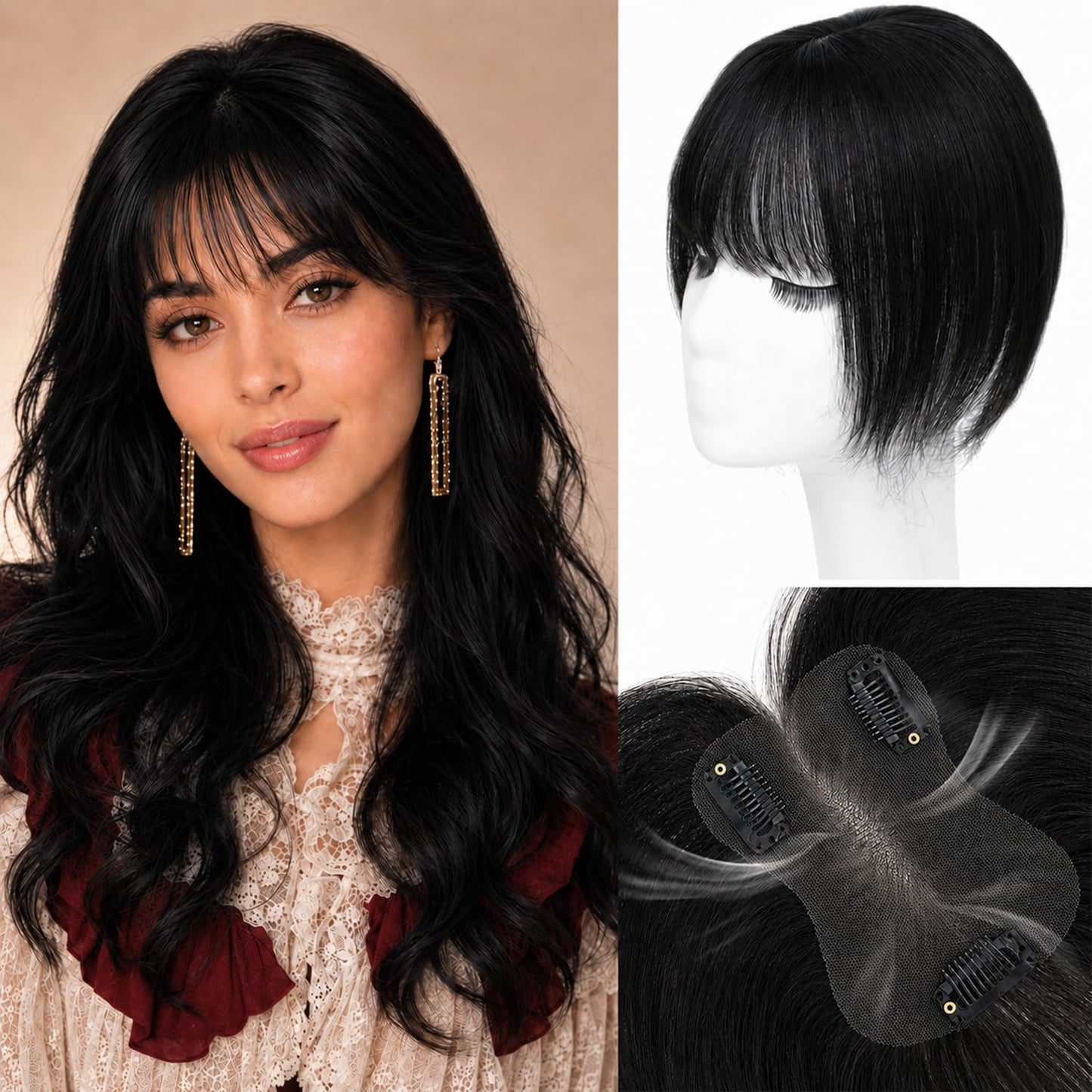 Hair Topper For Women Real Human Hair 10 Inch Super Lightweight Invisible Base Toppers Hairpieces for Women with Thinning Crown Fluffy Breathable for Summer Daily Wear(Black NEW, French Bangs)
