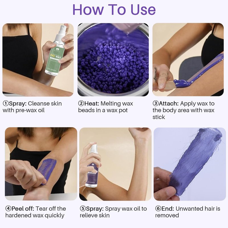 BLITZWAX 2.6lbs Hard Wax Beads for Hair Removal, Lavender and Cream Hot Waxing Beans for Sensitive Skin, Face, Brazilian and Bikini, with 30 Waxing Sticks and 2 Wax Oils for Women and Men, 2 Packs