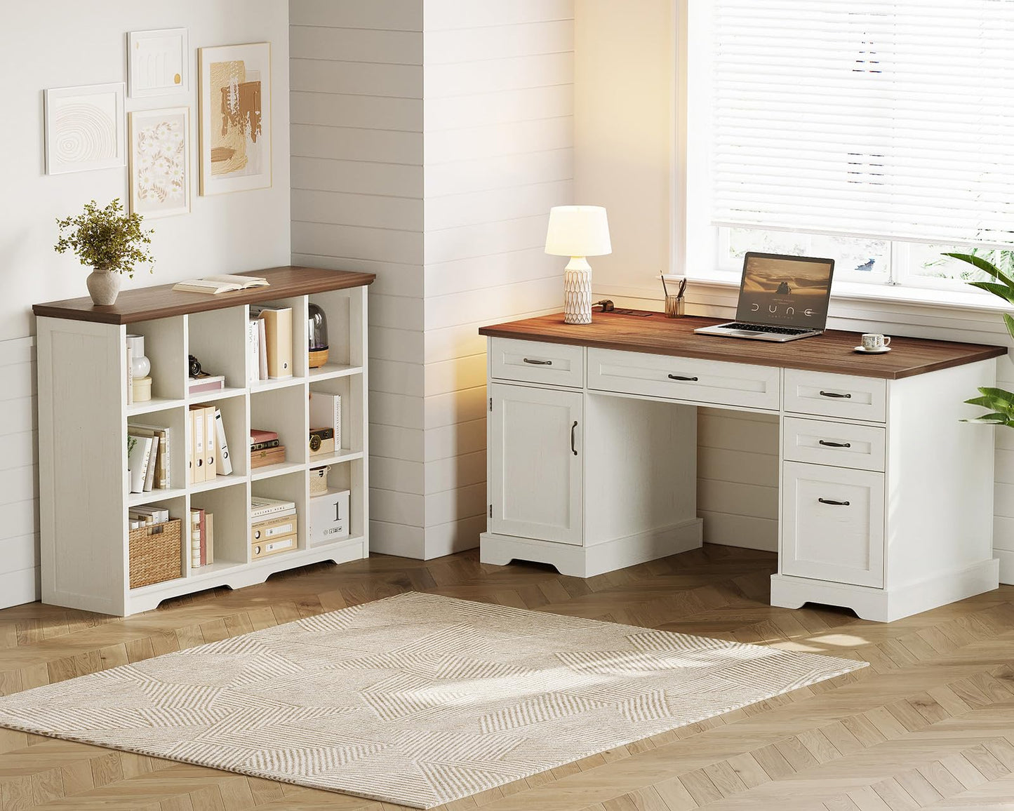 OffiGo 59 Inch Farmhouse Desk with Drawers, Executive Computer Desk with Charging Station, Wood File Cabinet Storage for Home Office, Walnut+White