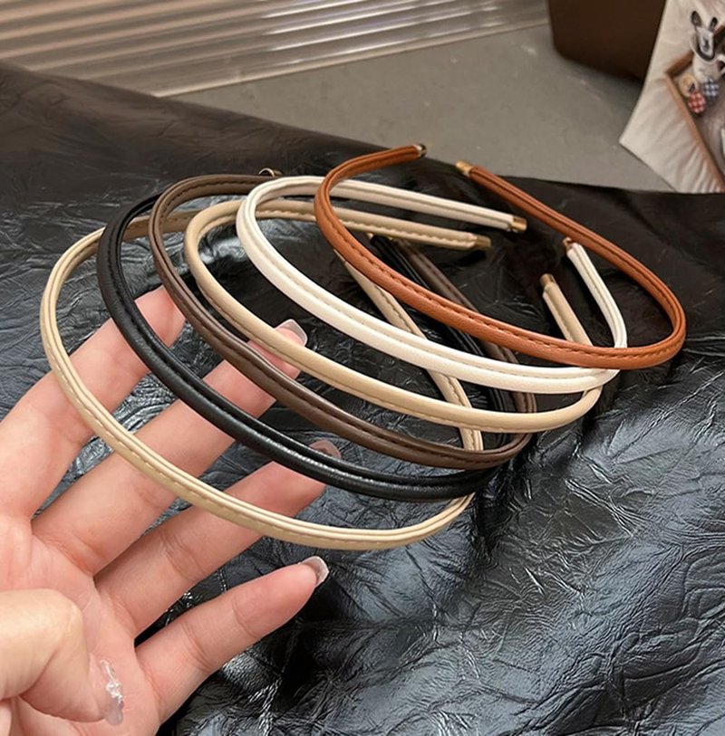 Skinny Leather Headbands for Women - Trendy No-Headache Non-Slip Hair Accessories | 5 Pcs Set (Beige/Brown/Black/White/Tan)