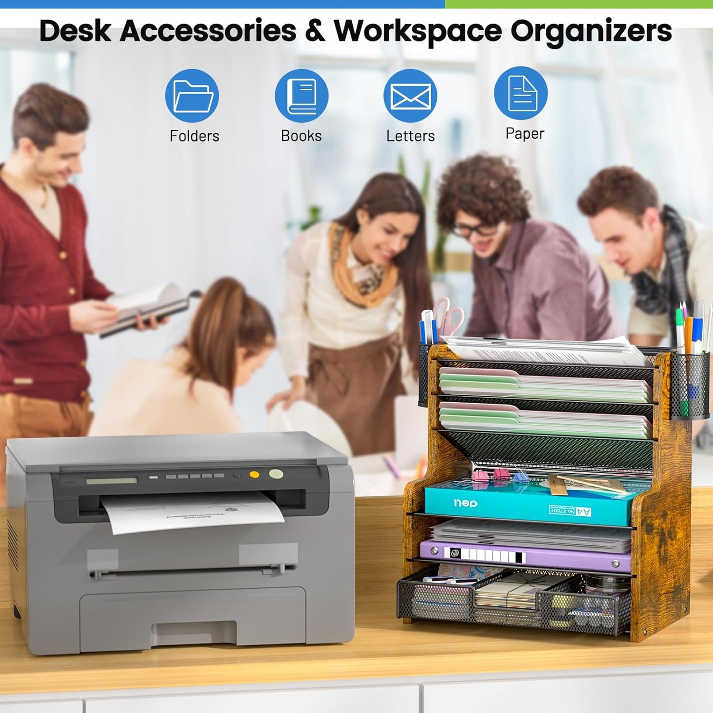 6-Tier Mesh Desk Organizer with Drawer | Sturdy Wooden Office Organizer for Papers & Folders - Space-Saving Design