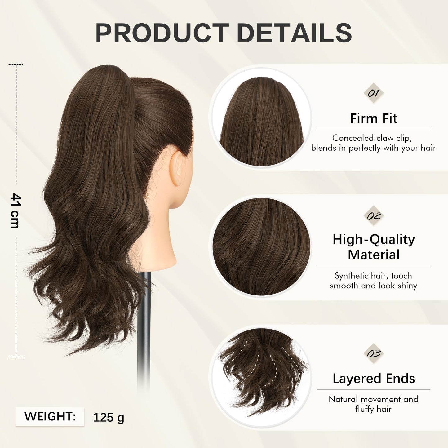 Sofeiyan Claw Clip Ponytail Extension 16 inch Curly Wavy Clip in Hairpiece Synthetic Fake Pony Tail Clip on Hair Extensions for Women Fluffy Hair Extensions for Daily Use - Medium Brown & Light Auburn
