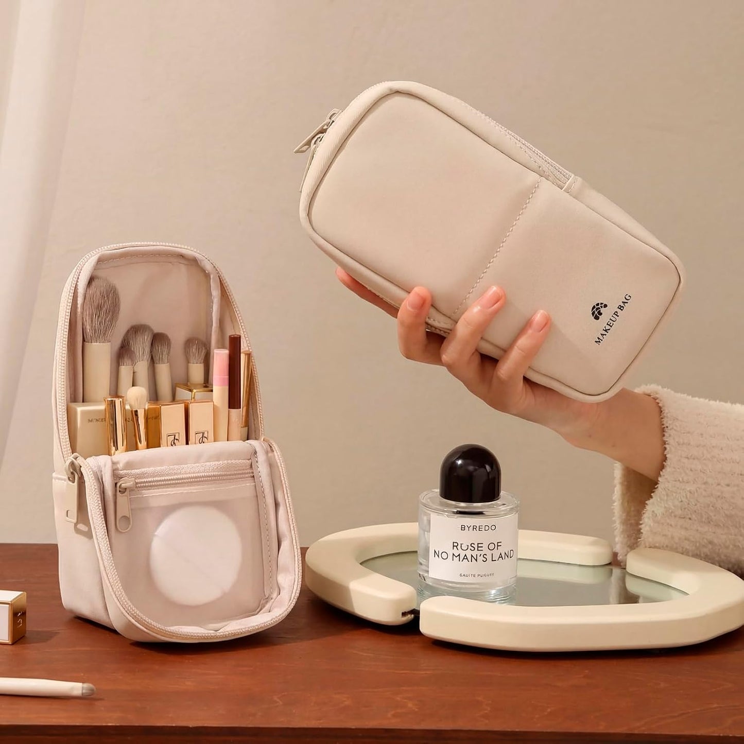 Travel Makeup Bag - Waterproof PU Leather Cosmetic Organizer with Compartments | Small Beige Brush Holder