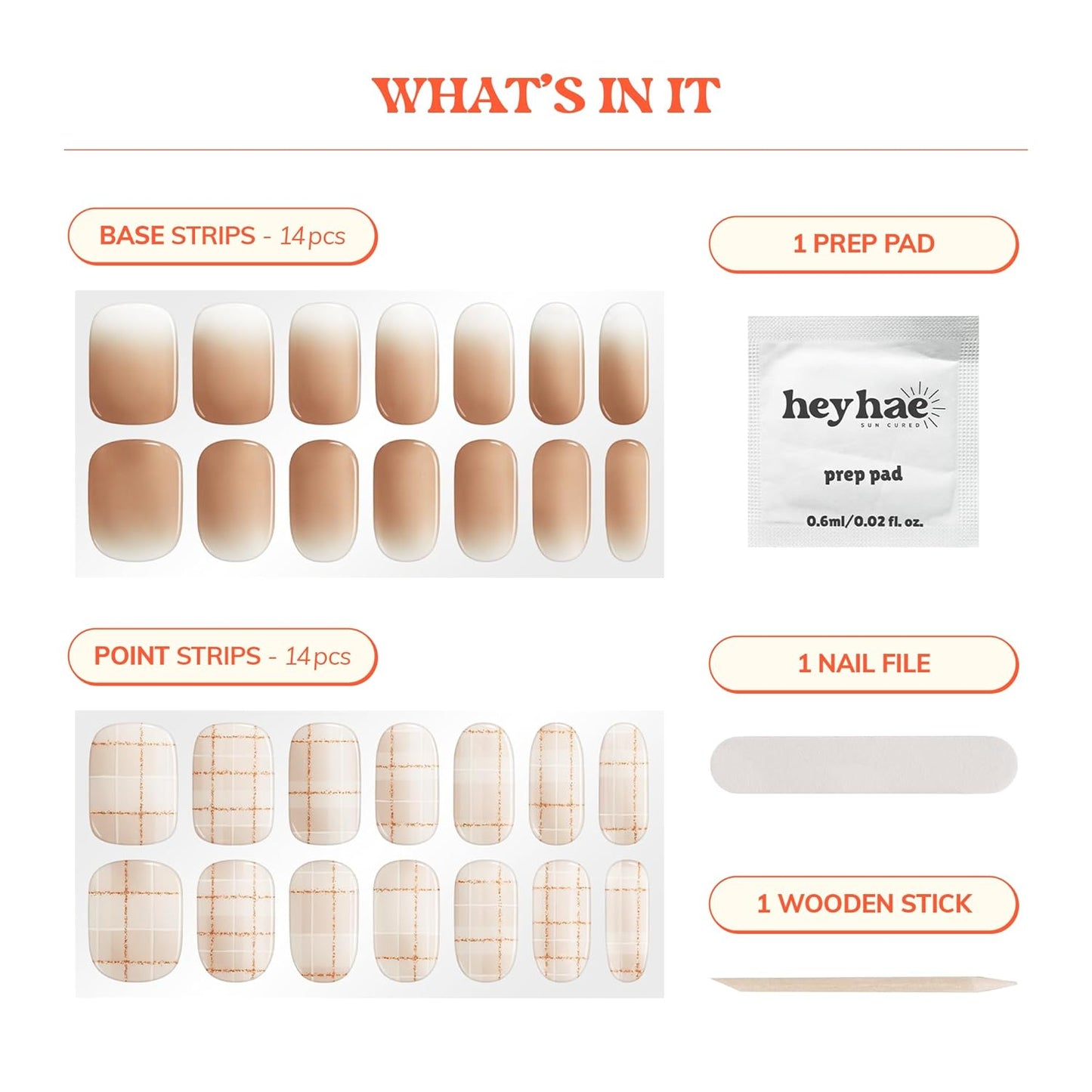 Semi Cured Gel Nail Strips - Ombre Beige Brown | Easy Apply & Remove, Salon Quality | 28 Strips, Prep Pads, Nail File & Stick