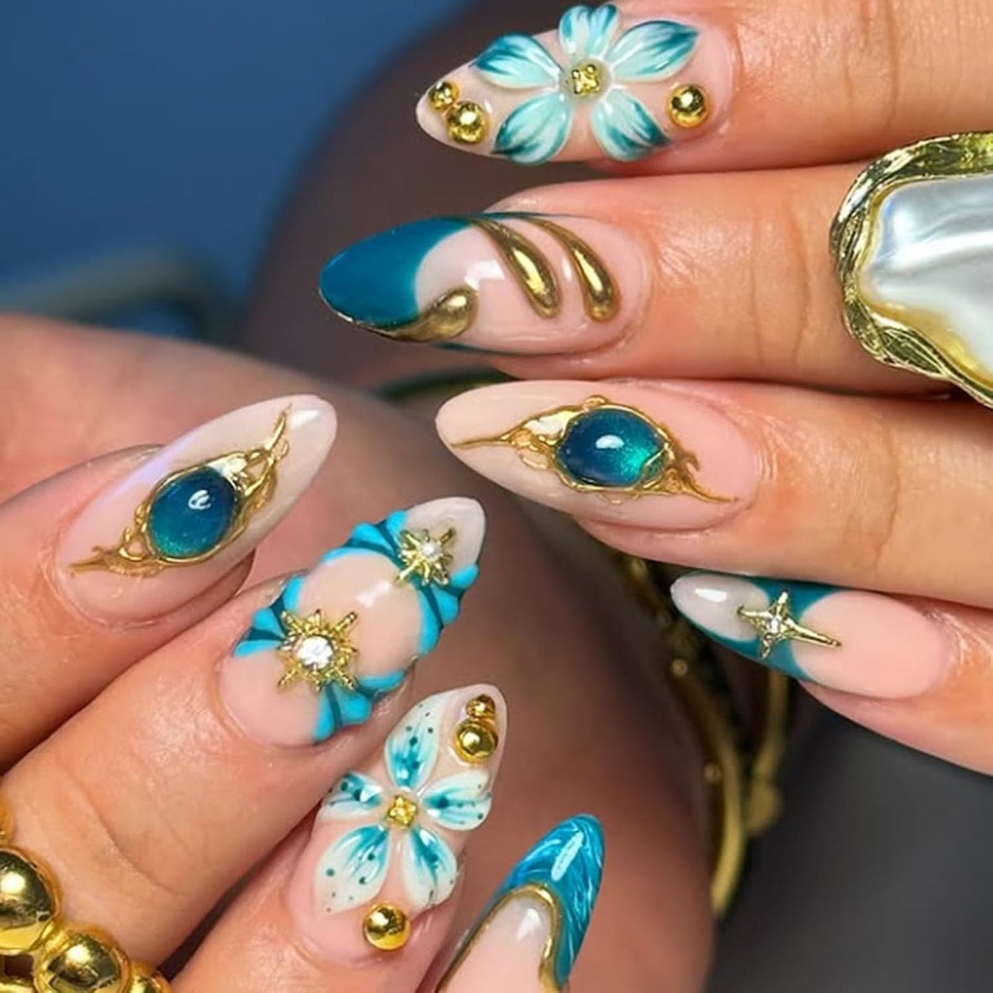 French Tip Press-On Nails - Medium Almond Shape with 3D Bow & Pearl Charms | 24 Pcs Spring Design