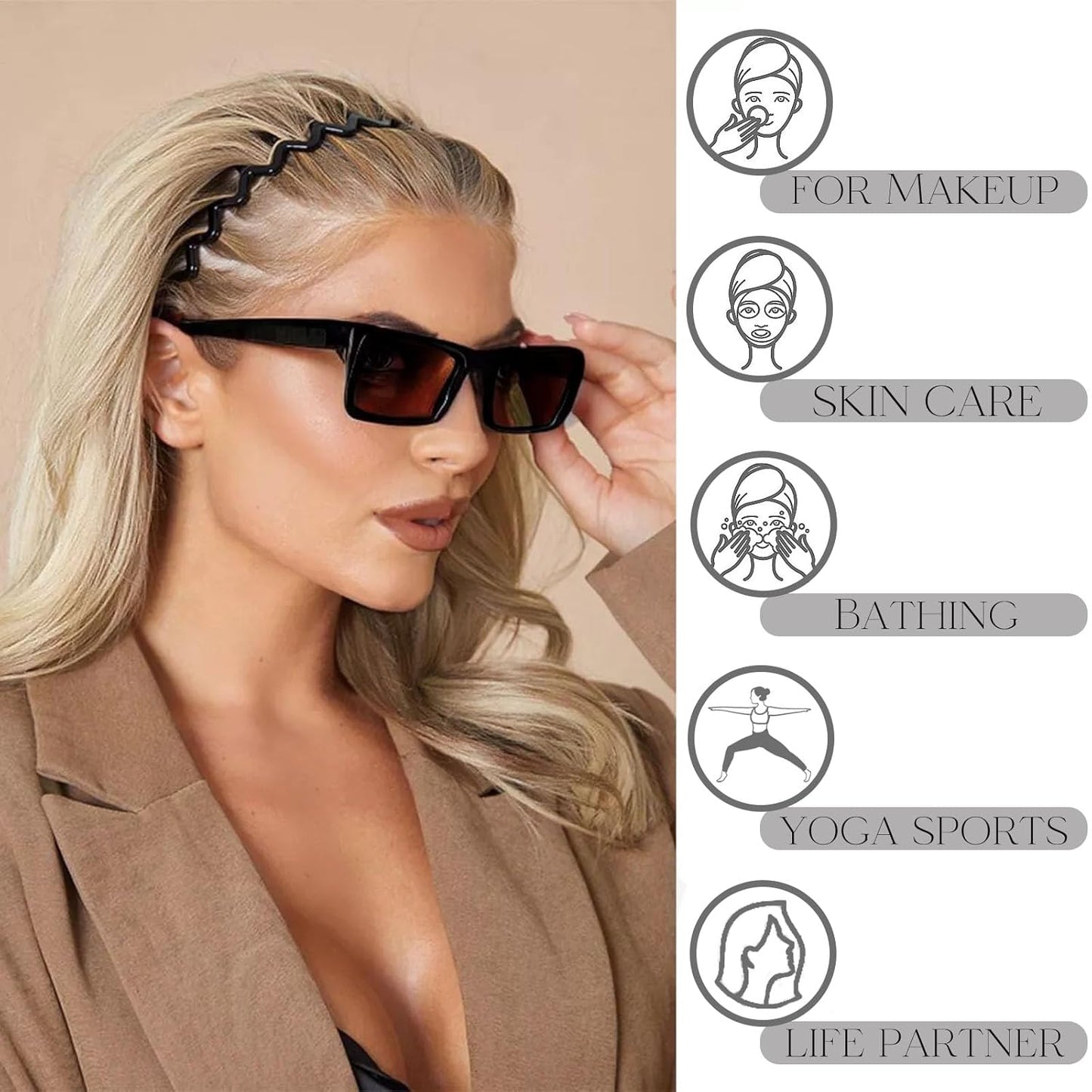 Zig Zag Headbands Set - 6 PCS Plastic Hair Accessories for Women & Men | Premium Bright Black