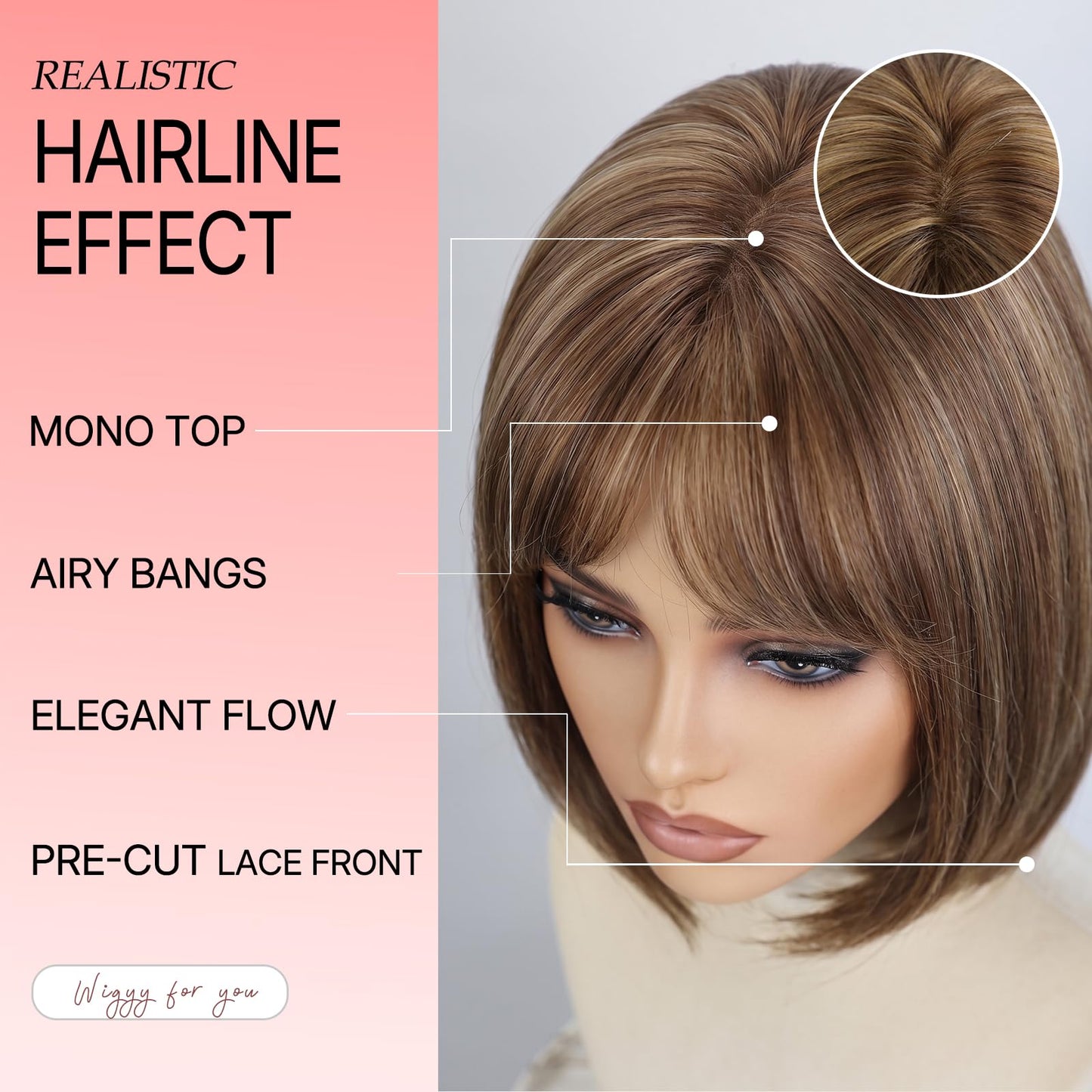 WIGYY Honey Brown Short Bob Wig with Bangs for White Women – 12 Inch Straight Lace Front Synthetic Wig, Glueless Heat-Resistant Protein Fiber, Realistic Lightweight Daily Party Wear