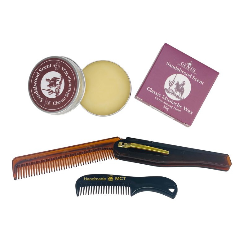 GENTS Mustache Wax Kit – Extra Strong Hold, Classic Mustache Wax with Folding Comb & Pocket Mustache Comb – Styling & Grooming Set for Men