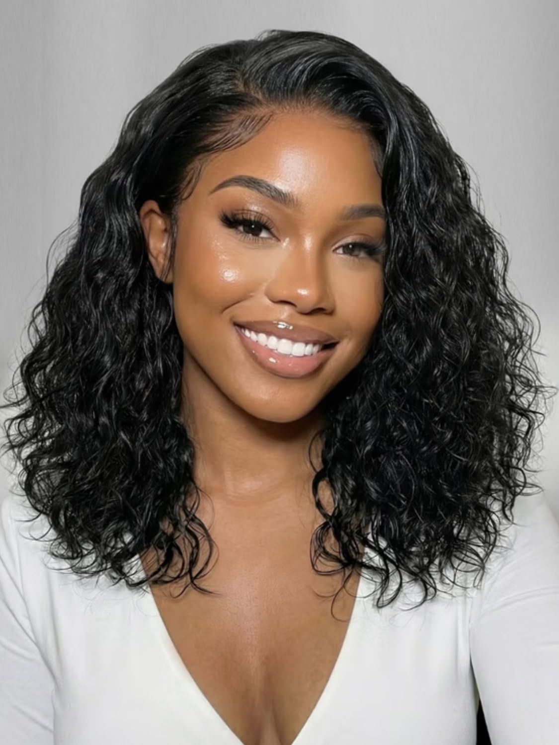 Beauty Forever Glueless Bob Wig Human Hair Water Wave 6x4 Lace Closure Pre Cut Pre Plucked Bye Bye Slip Secure Fit Side Part 250 Density Drawstring Short Curly Bob Wig for Black Women 12inch