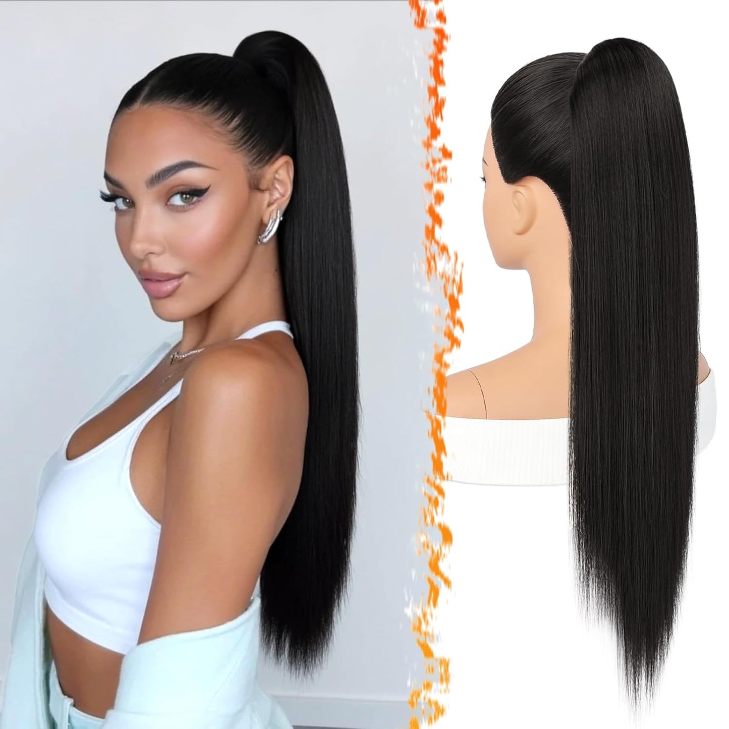 Black Straight Drawstring Ponytail Extension - 28 Inch Natural-Looking Soft Synthetic Hairpiece for Daily Wear | Cheer & Party