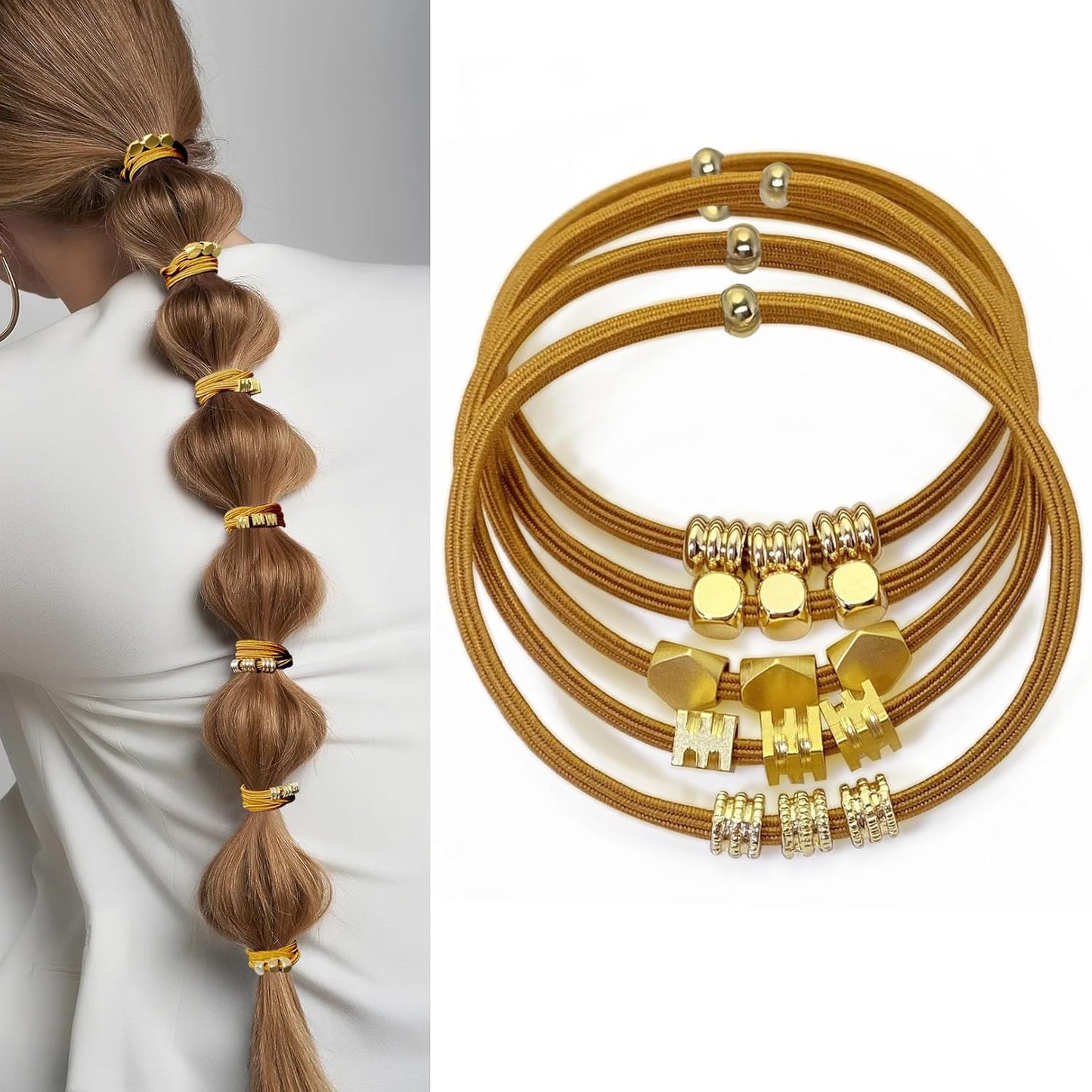 Blonde Boho Hair Ties Bracelet - Trendy Elastic Ponytail Holders with Gold Bead | Ideal for Thick, Thin, Curly Hair (Beige)