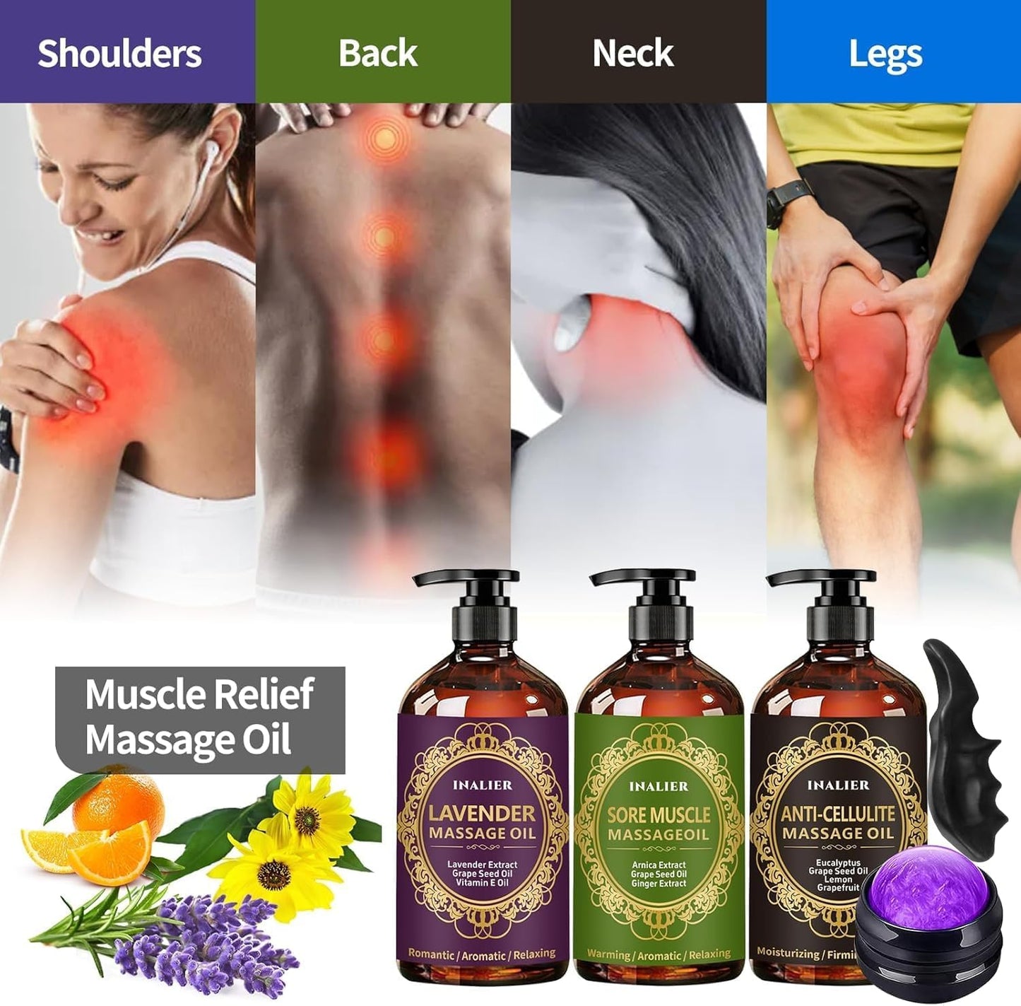 Massage Oil Set for Men | 3-Pack Arnica & Lavender Therapy Oils with Massage Ball & Thumb Saver Tool