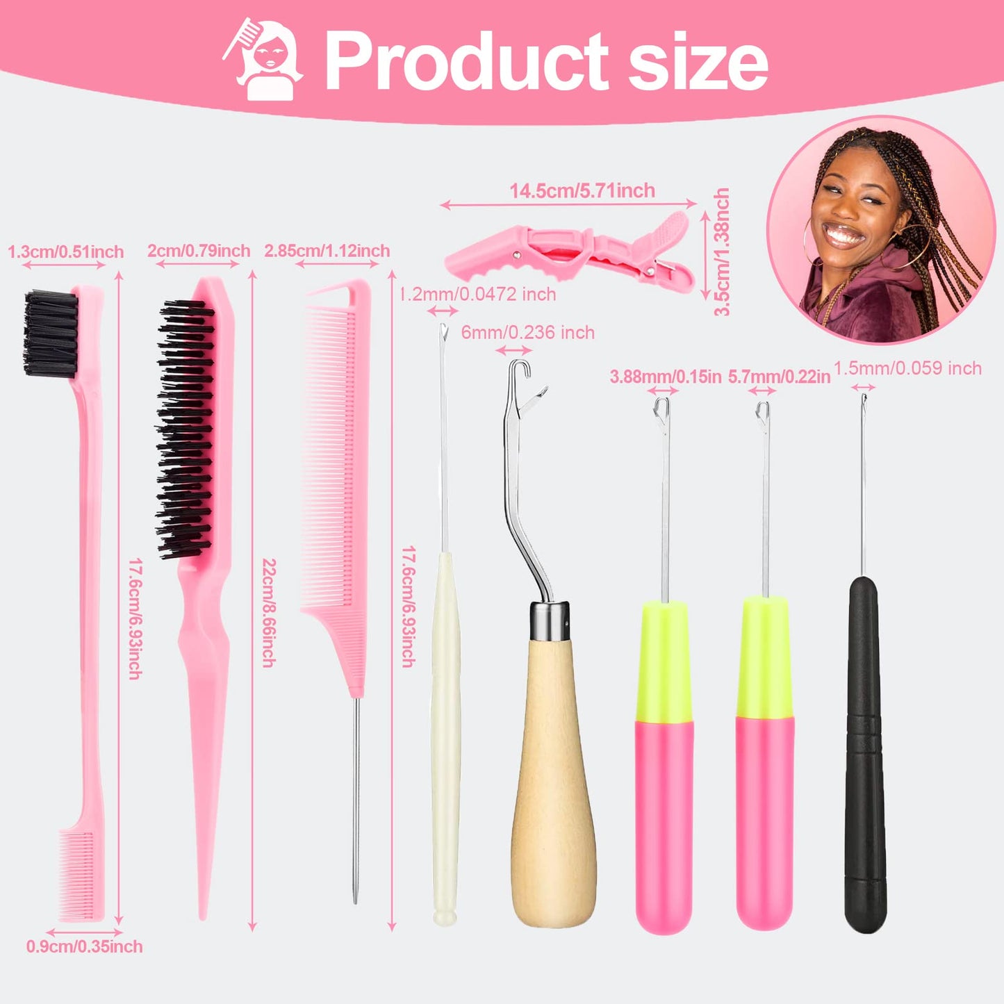 SWEET VIEW Crochet Needles for Hair With Edge Brush, Bristle Brush, Rat Tail Comb, Gator Clips, Latch Hook for Hair