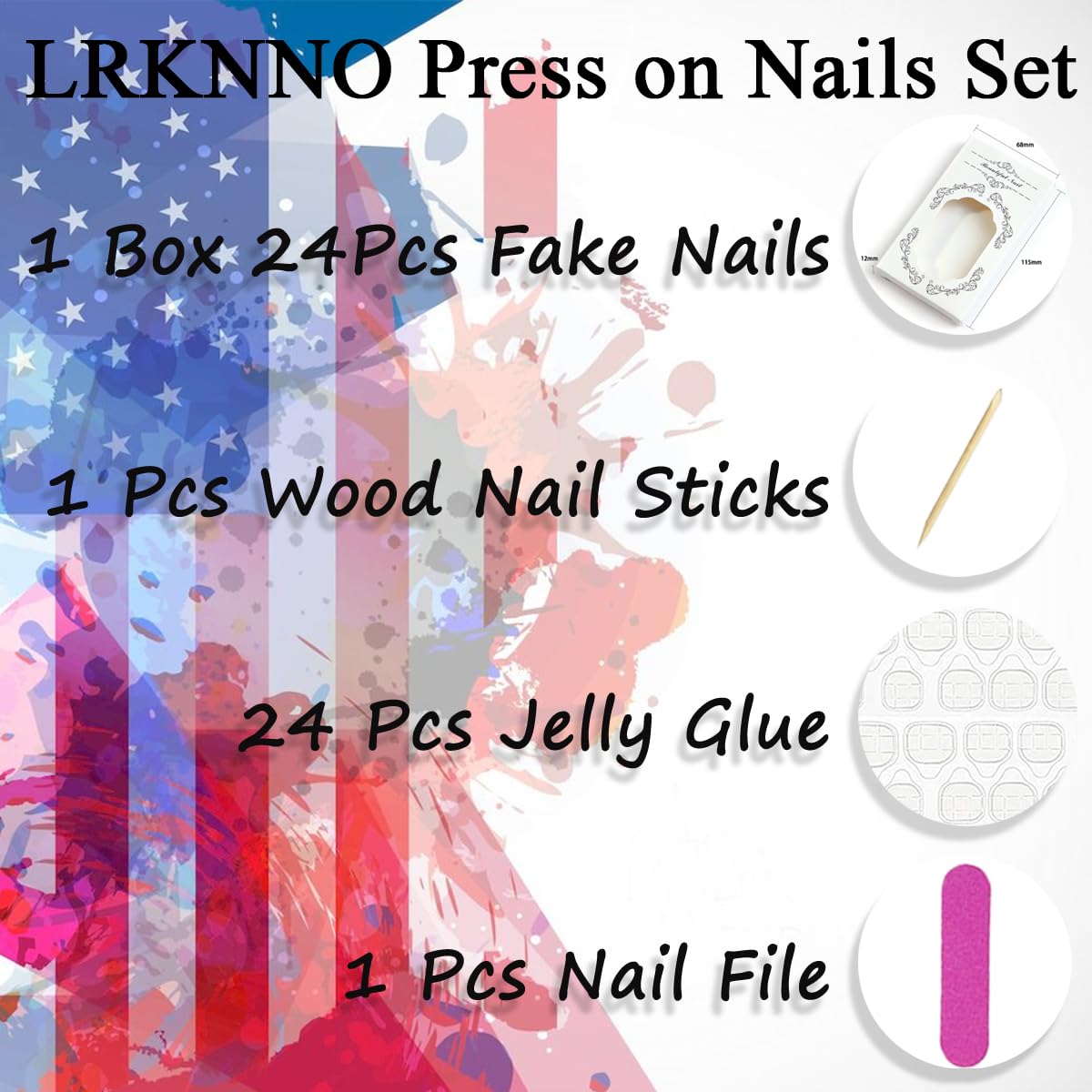 24Pcs 4th of July Press-On Nails - Medium Almond French Tip with Red, White & Blue Glitter Stars | Patriotic Acrylic Nail Designs