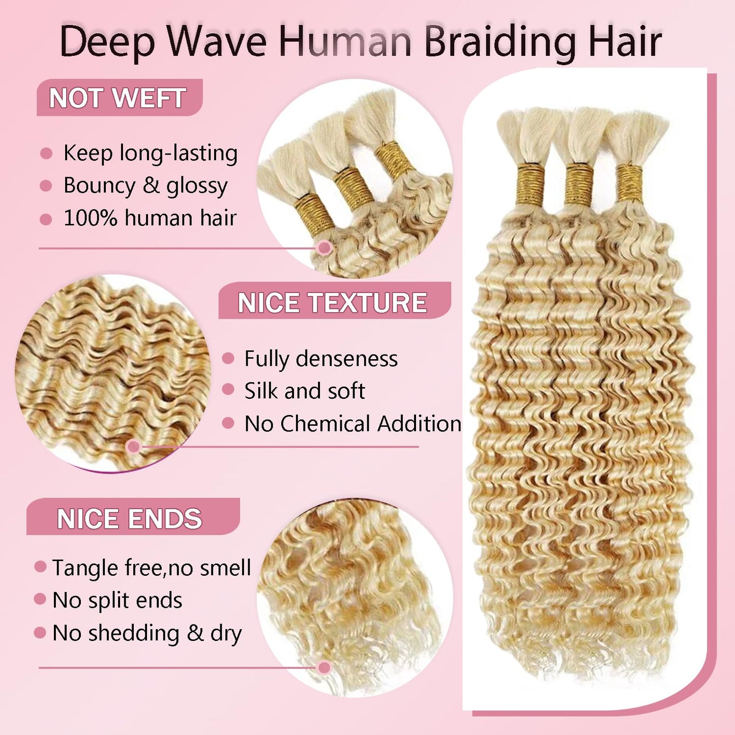 #613 Blonde Human Braiding Hair for Boho Braids 150g 3 Bundles 26 26 26 Inch Blonde Deep Wave Bulk Hair No Weft #613 Curly Human Hair Extensions for Braids Wet and Wavy Braid