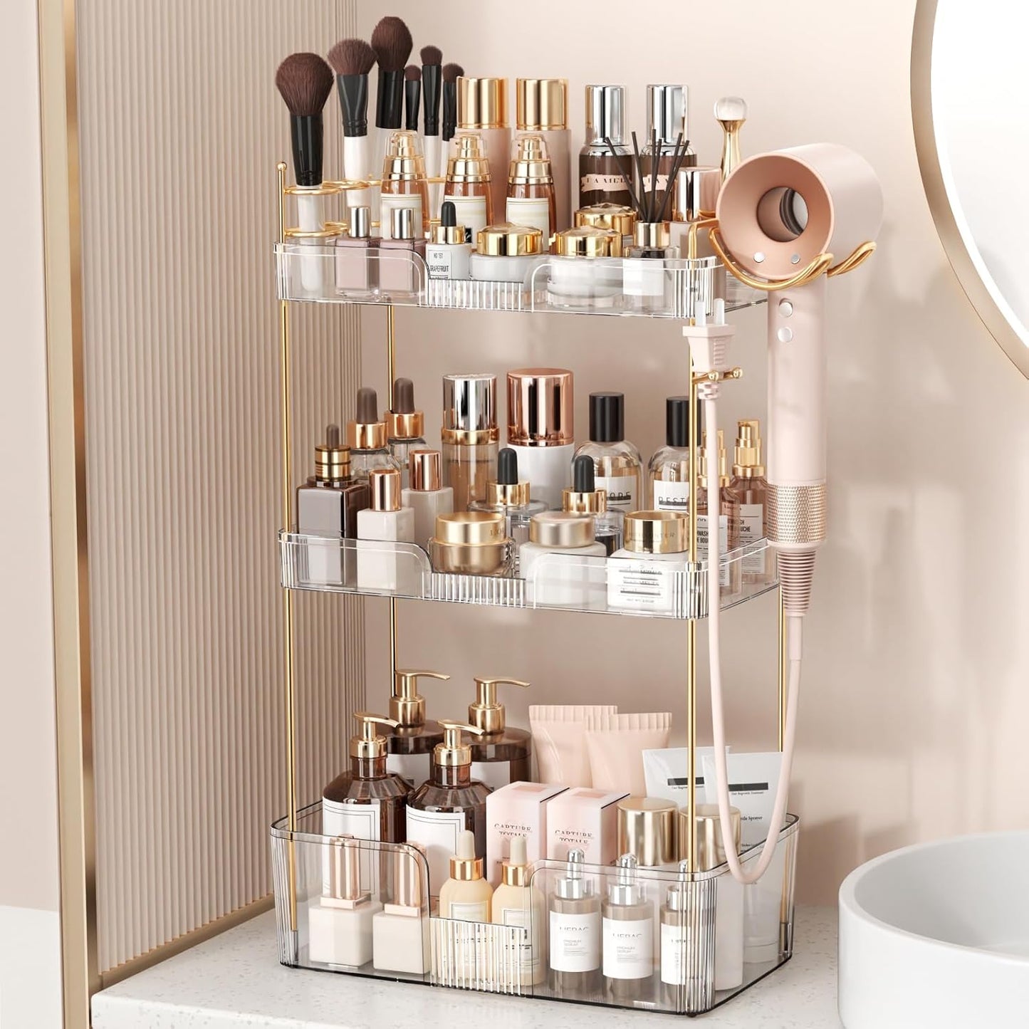 Bathroom Counter Organizer - Large Capacity Makeup & Skincare Storage Rack | 3-Tier Clear Vanity Holder