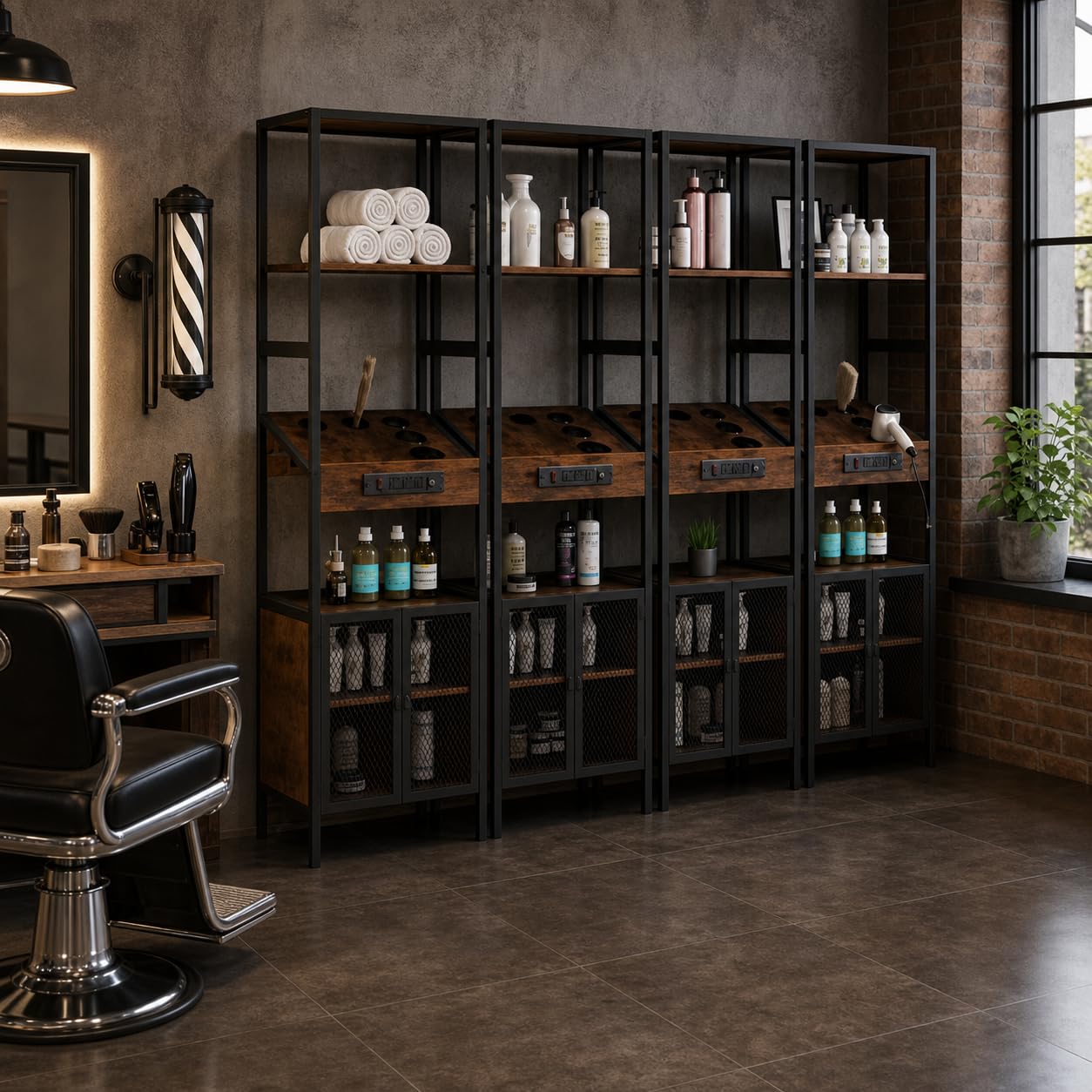 RESHABLE Industrial Salon Station for Hair Stylist, Salon Storage Cabinet with Dryer Hole, 7 Tool Holders, Power Outlets, Styling Equipment for Barber Bathroom, 70.8" H, Rustic Brown