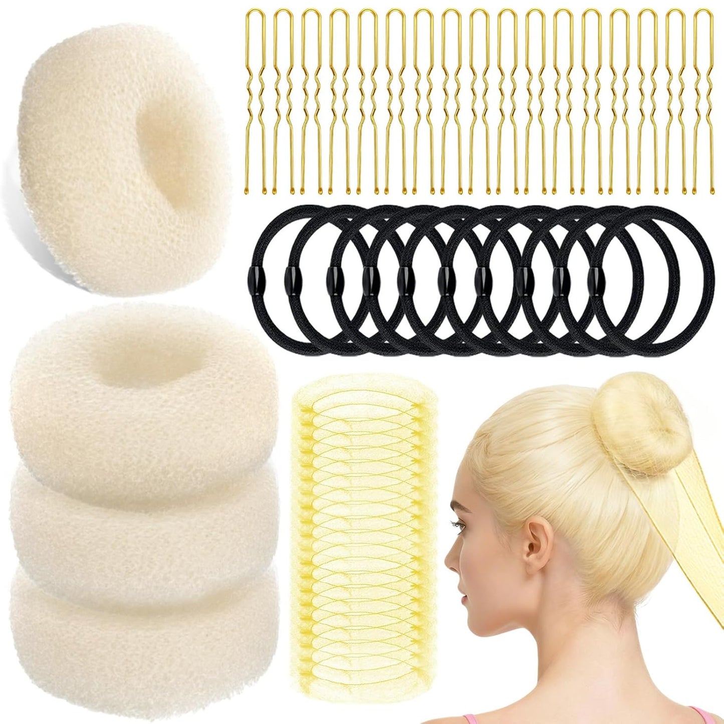Hair Bun Maker Kit - 134 Pcs Set with 4 Bun Pieces, 20 Hair Nets, 100 Bobby Pins & 10 Hair Bands for Ballet Styling