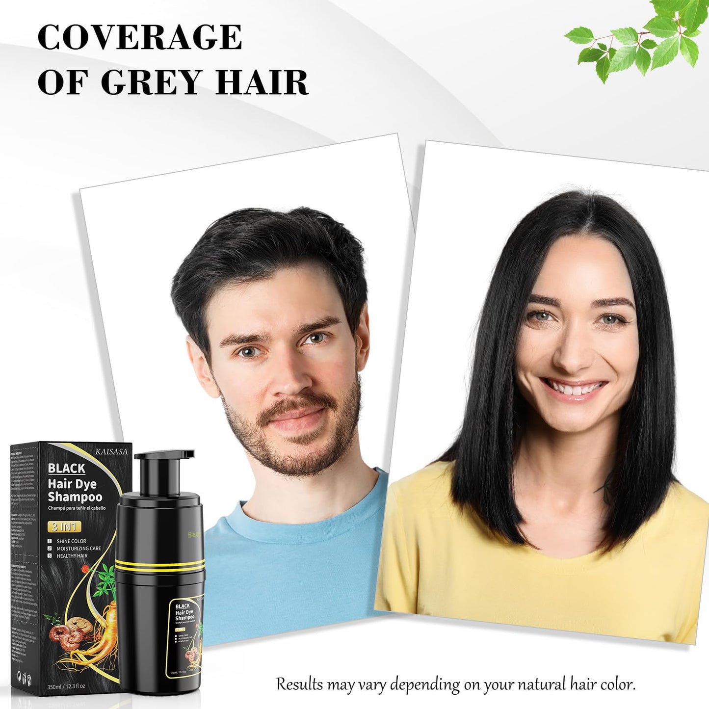 KAISASA Black Hair Dye Shampoo 3 in 1, Hair Color Shampoo for Cover Grey Hair, Hair Dye Shampoo for Men and Women (Black)