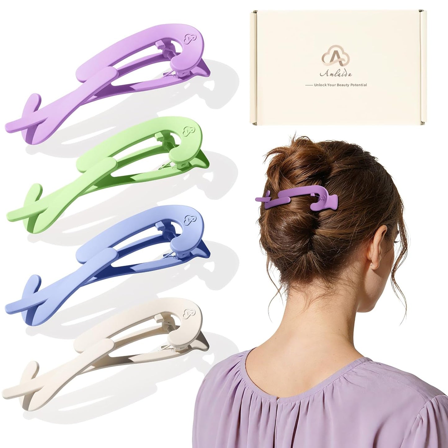 Large Twist Flat Hair Clips - Stylish Tortoise Claw Clips for Medium Thick Hair | 4-Pack for Long, Curly Styles
