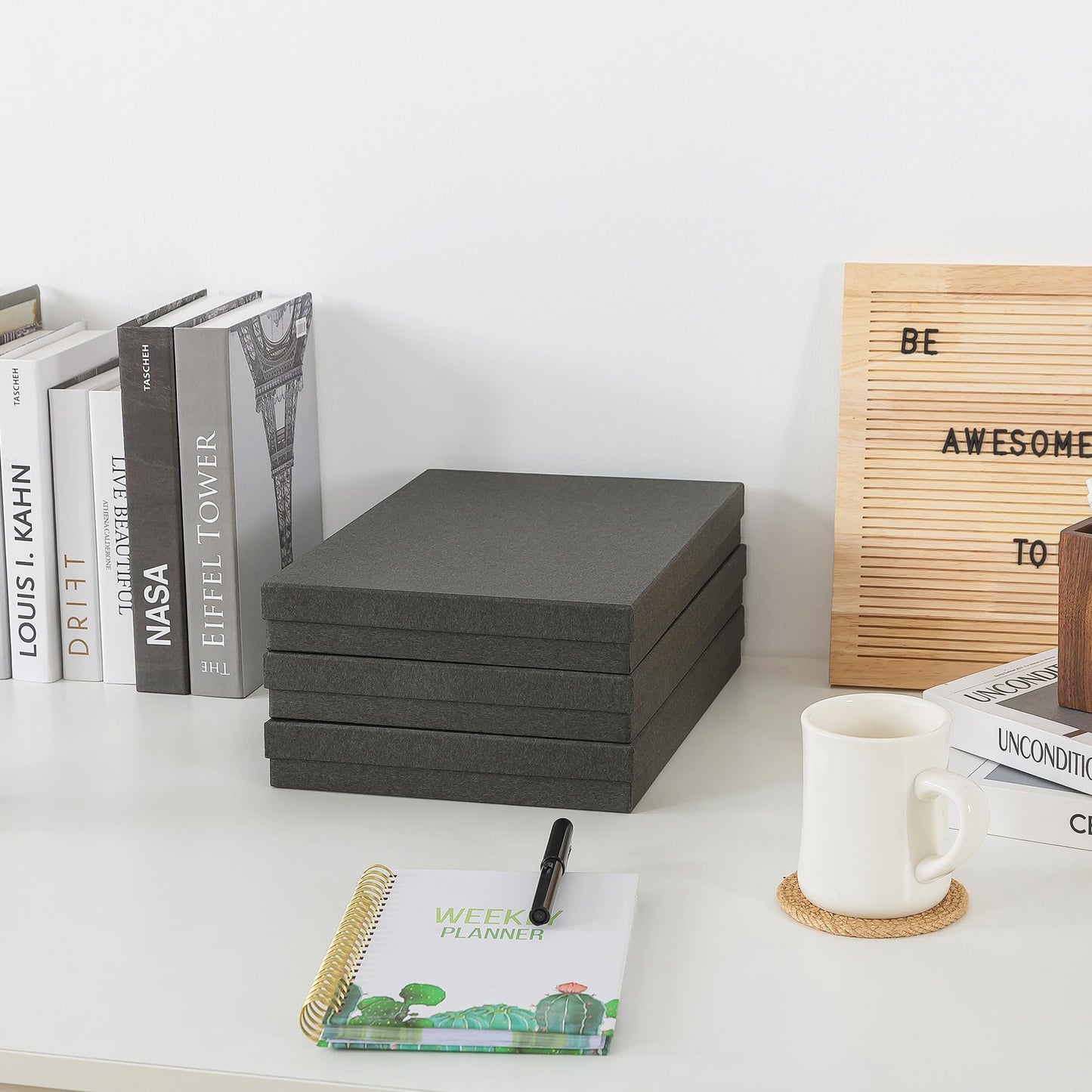 Soul & Lane Document Storage Boxes - Set of 3 (13.2" x 9.8" x 1.8"), Versatile Photo & Craft Organizer for Home & Office, Stackable Cardboard Storage for Letters, Files & Memorabilia, Slate Gray
