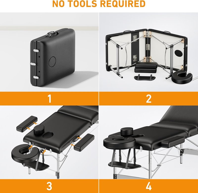 Portable Massage Table - 84" Long | Professional 3-Section Reclining Couch for SPA & Tattoo Use - Black
