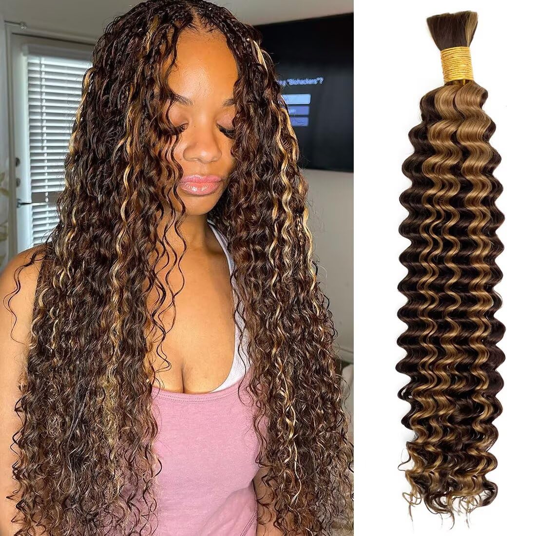 Boho Hair for Braiding, Ombre Curly Virgin Human Braiding Hair for Women, 12A Knotless Deep Wave Bulk Bohemian Styles, 50g 26 Inch 1 Bundles/Pack Highlight P4/27
