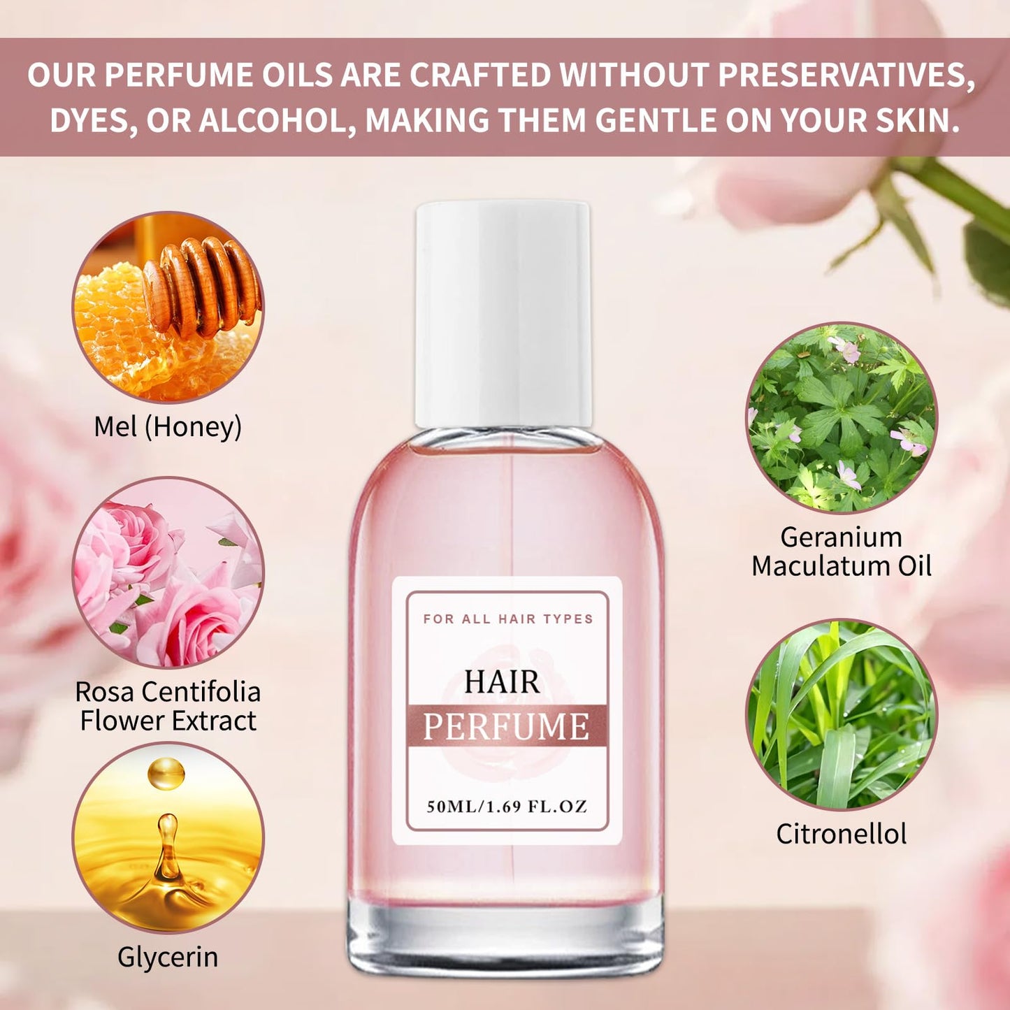 Hair Perfume for Women – Floral Rose Travel Size Hair Spray & Body Mist – Anti-Frizz, Moisturizing & Nourishing – Long-Lasting Scent for Soft, Shiny Hair, 1.7 Fl Oz/50ml