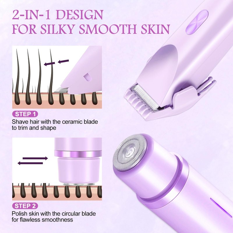 Bikini Trimmer for Women, 2 in 1 Electric Razors for Women, Rechargeable Cordless & Painless Hair Removal, Ultra Low Silent, Easy Cleaning, IPX7 Waterproof Bikini Shaver for Sensitive Skin (Purple)