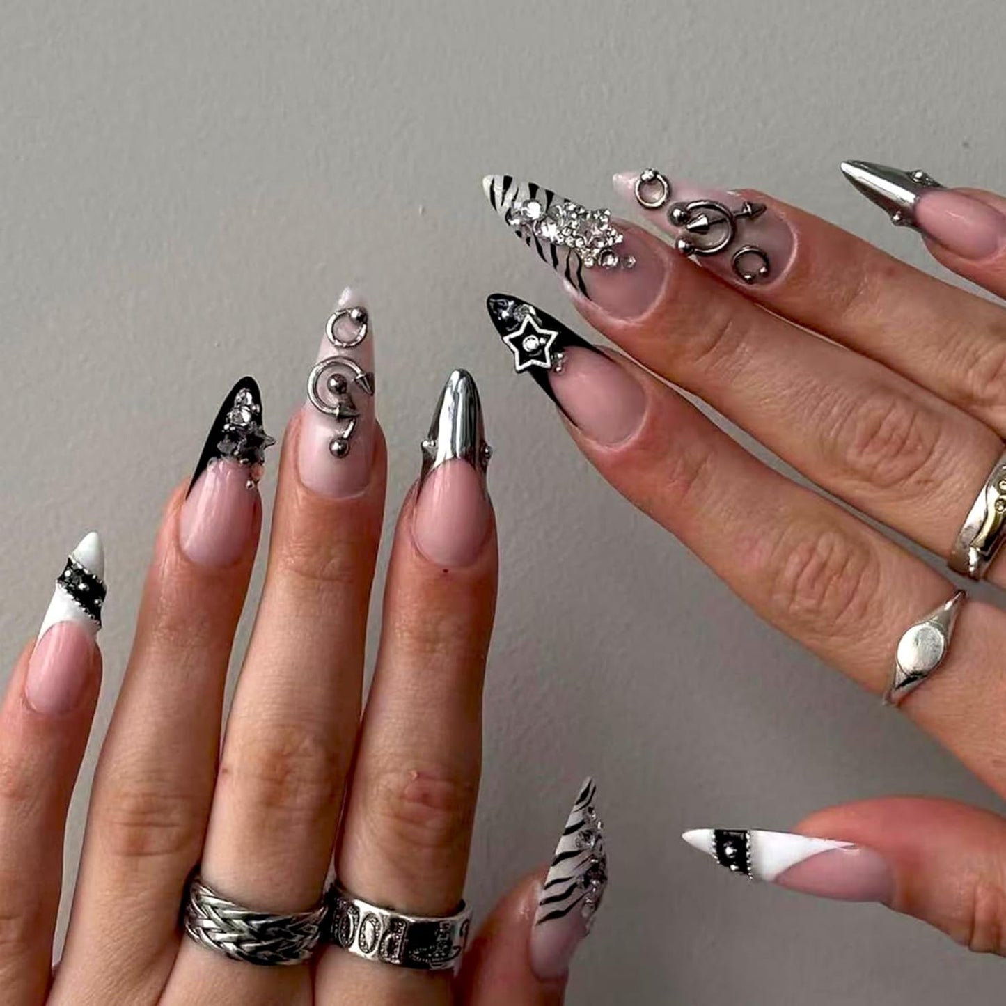 Almond Press-On Nails - Ombre French Tip with Butterfly Designs | 24 Pcs Set for Women