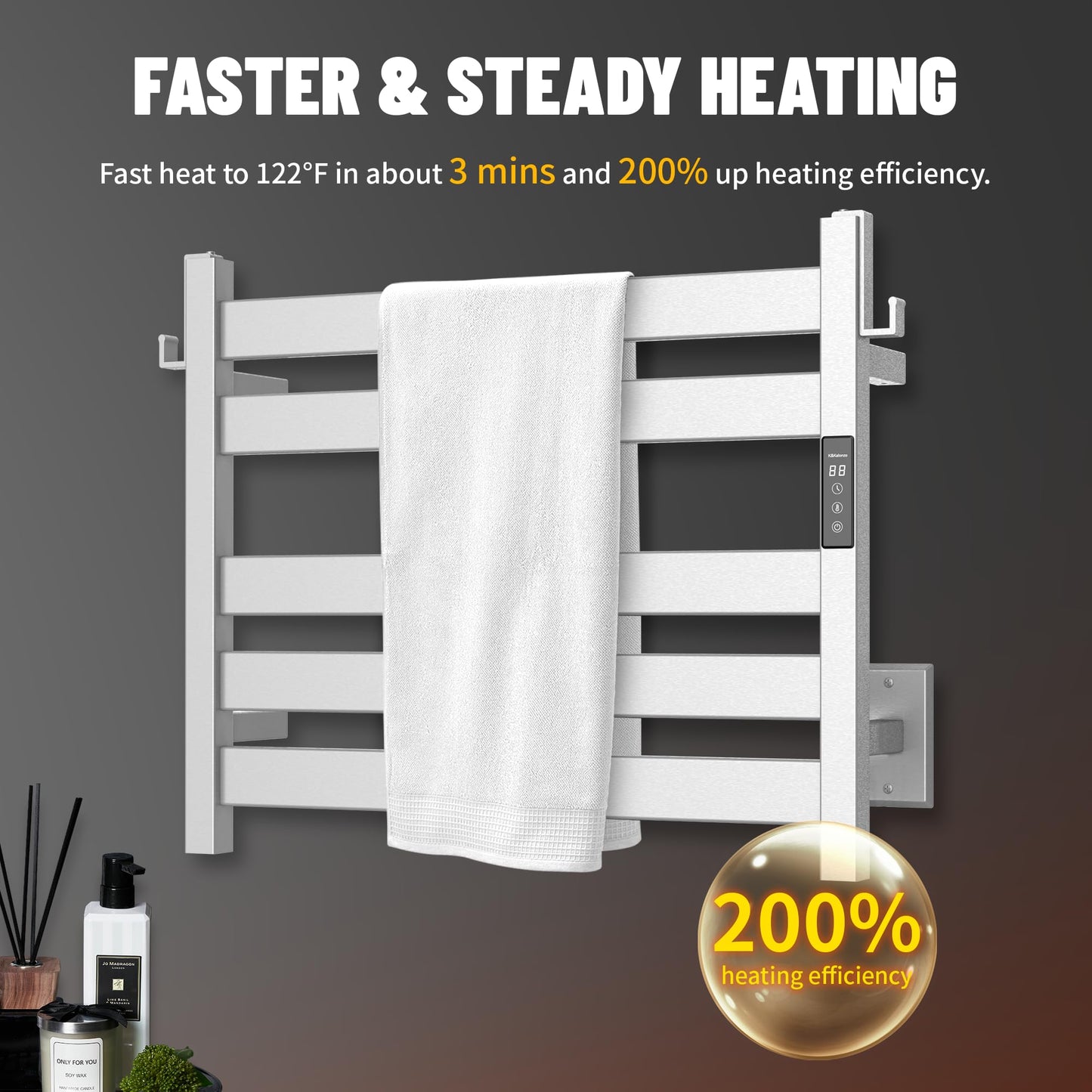 K&KALONZO Wall-Mounted 6-Bar Heated Towel Rack, Fast Heat in 2 Min, EL18ML