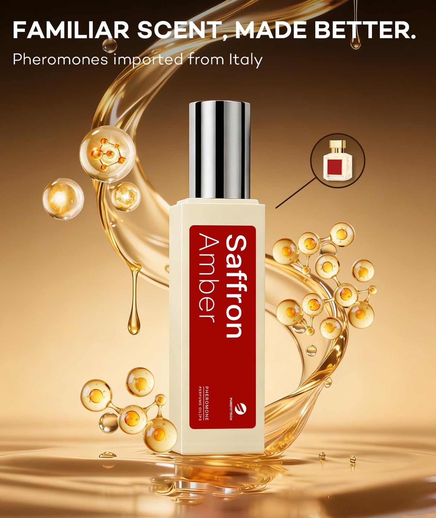 purefittech Pheromones Perfume Oil for Women, Long Lasting Saffron Amber Scent Roll-on Fragrance Perfume Oil, 0.34 fl oz (10ml) Travel Size, Made in USA, Eau de Parfum