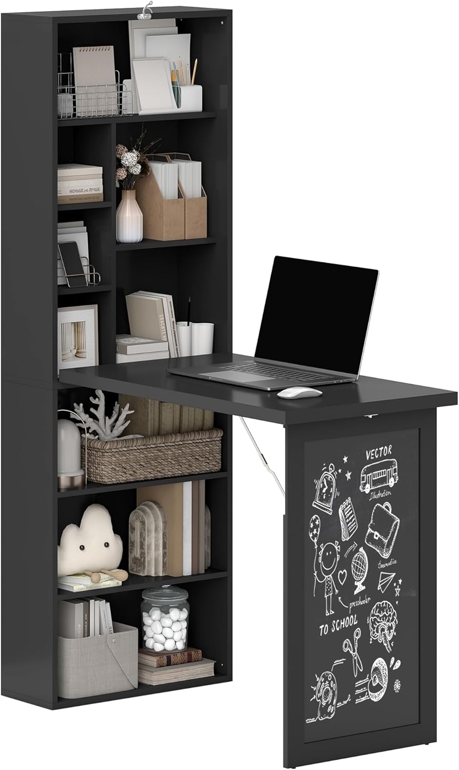 Convertible Writing Table - Foldable Wall-Mounted Computer Desk with Storage Shelves | Space-Saving Design for Small Spaces, White