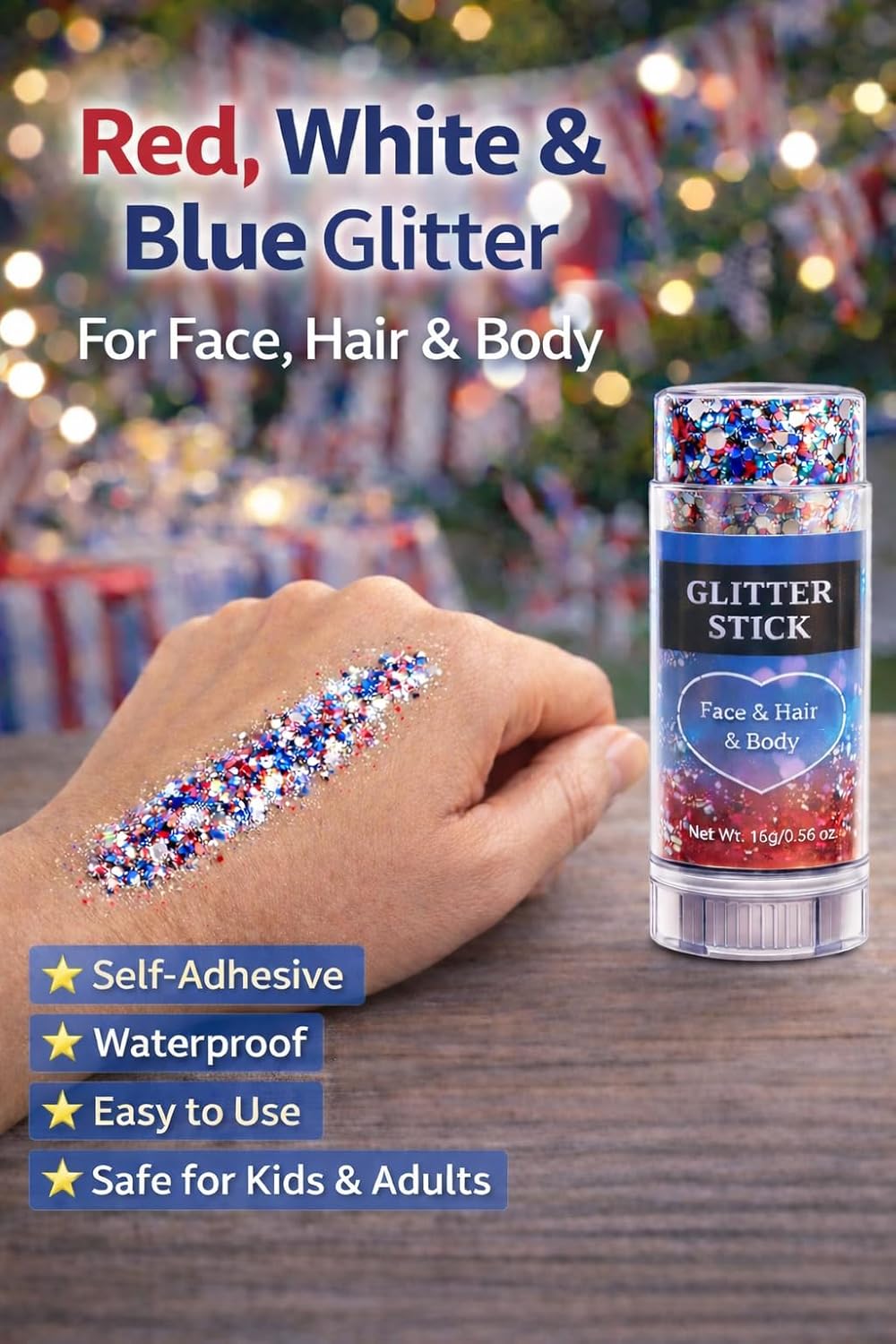 Patriotic Glitter Stick - Red, White & Blue Face, Hair & Body Glitter for 4th of July | Sparkling, Self-Adhesive & Waterproof