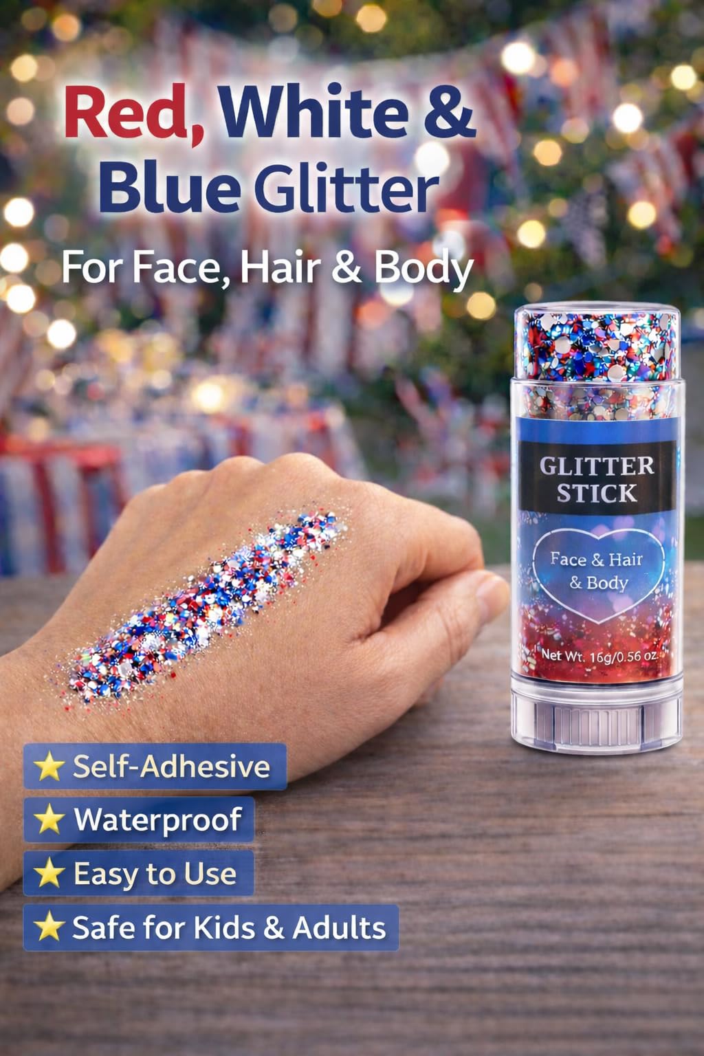 Oiomniv 4th of July Red White & Blue Glitter Stick – Patriotic Face, Hair & Body Glitter for Independence Day, Parades & Festivals – Sparkling, Self-Adhesive, Safe & Waterproof for Adults & Kids