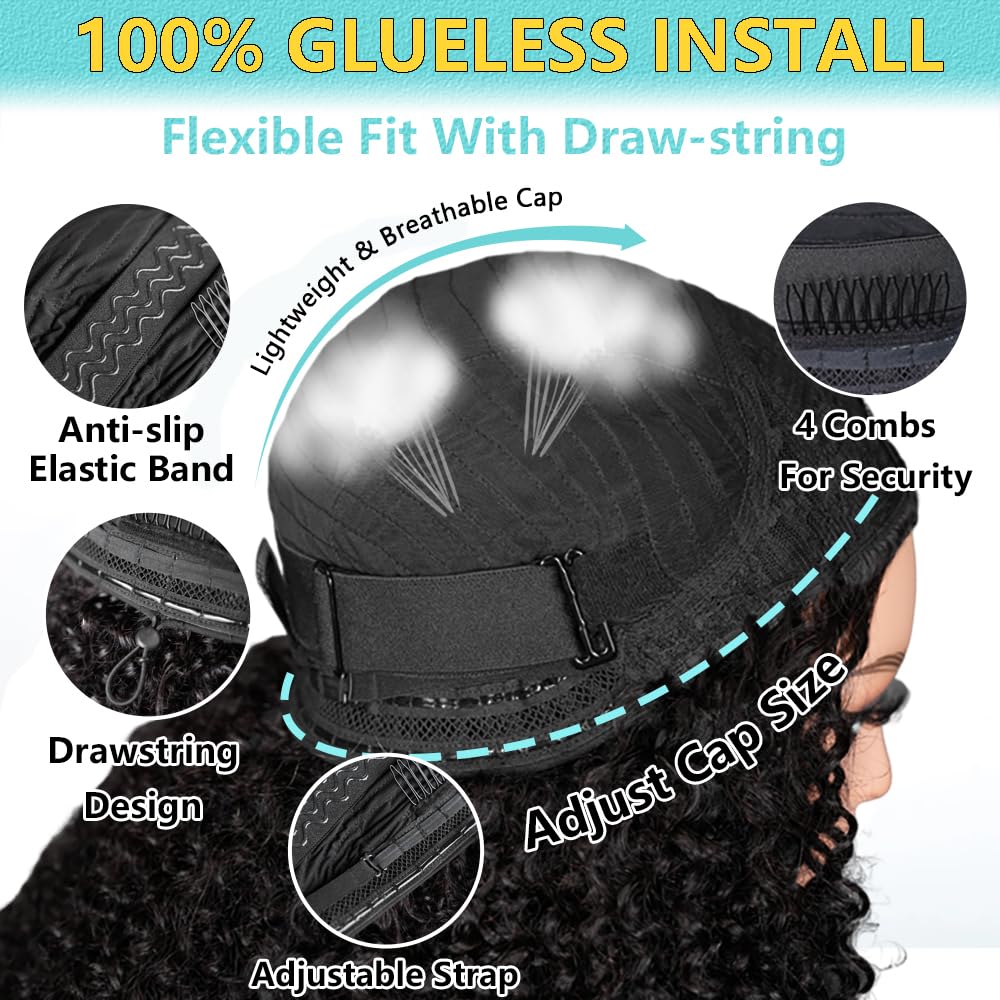 VFFTI Kinky Curly Half Wig Human Hair 200 Density 3 In 1 Drawstring Seamless Flip Half Wigs Wear Go Glueless Wigs Human Hair 18 Inch Curly Half Wig for Women Drawstring Headband Wig Beginner Friendly