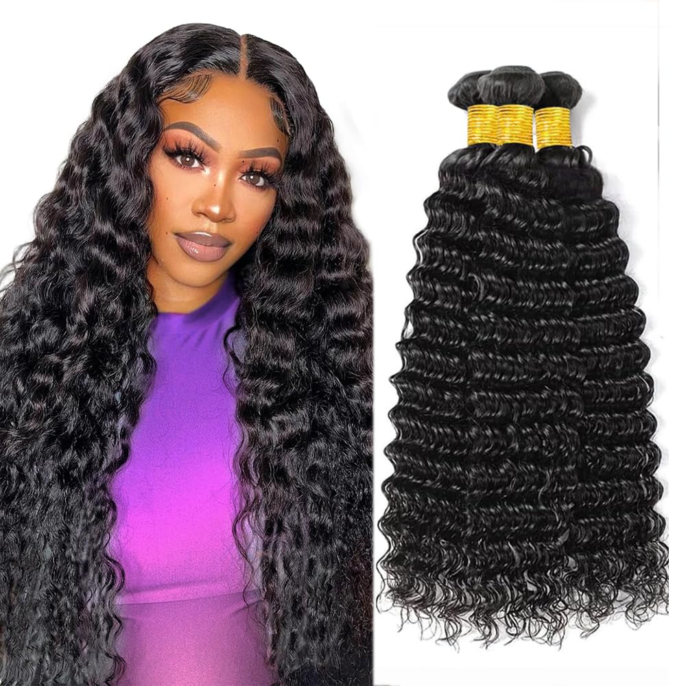 Deep Wave Bundles Human Hair Deep Wave Bundles HuxoWax Black Human Hair Bundle Unprocessed Color 1B Wet and Wavy Bundles For Women 14 16 18 Inch