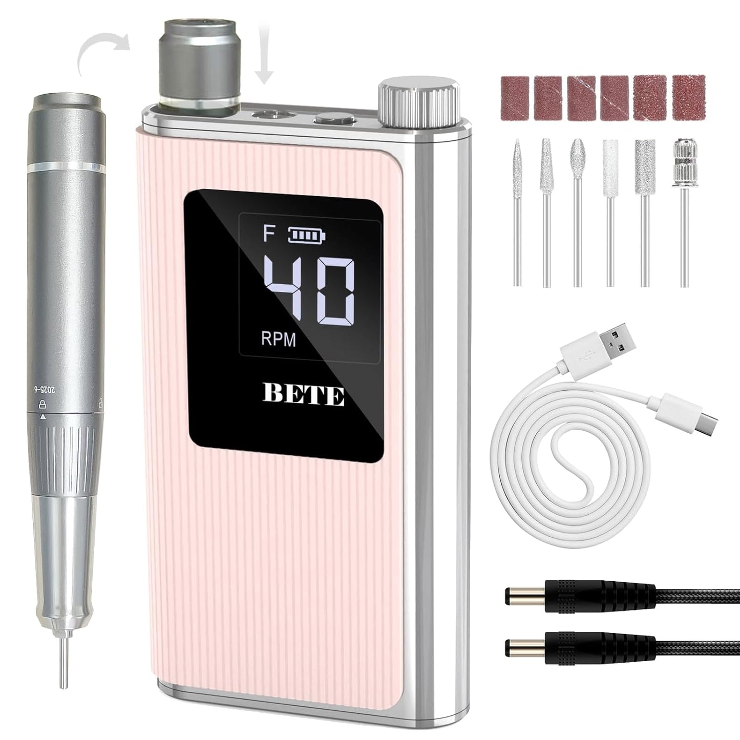 Professional Nail Drill - 40000 RPM Cordless Electric Nail File Kit with 6 Bits | Rechargeable Efile for Acrylic Gel Nails, Pink