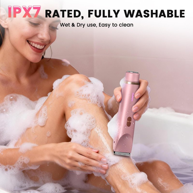 Bikini Trimmer for Women, 2-in-1 Electric Razor with Dual Head, IPX7 Waterproof Body Hair Trimmer for Pubic Hair, Legs, Underarms and Sensitive Areas, Cordless Rechargeable(Pink)