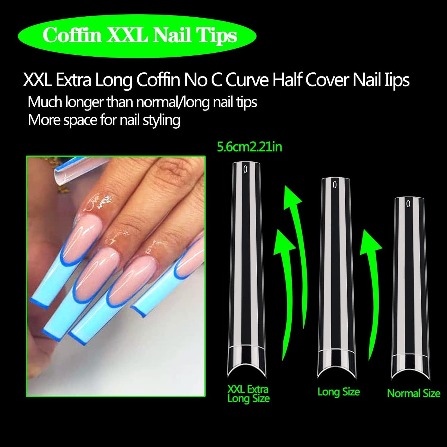 Coffin Nail Tips - 600PCS No C Curve Acrylic Nail Tips | XXXL Clear, 12 Sizes for Salons & DIY