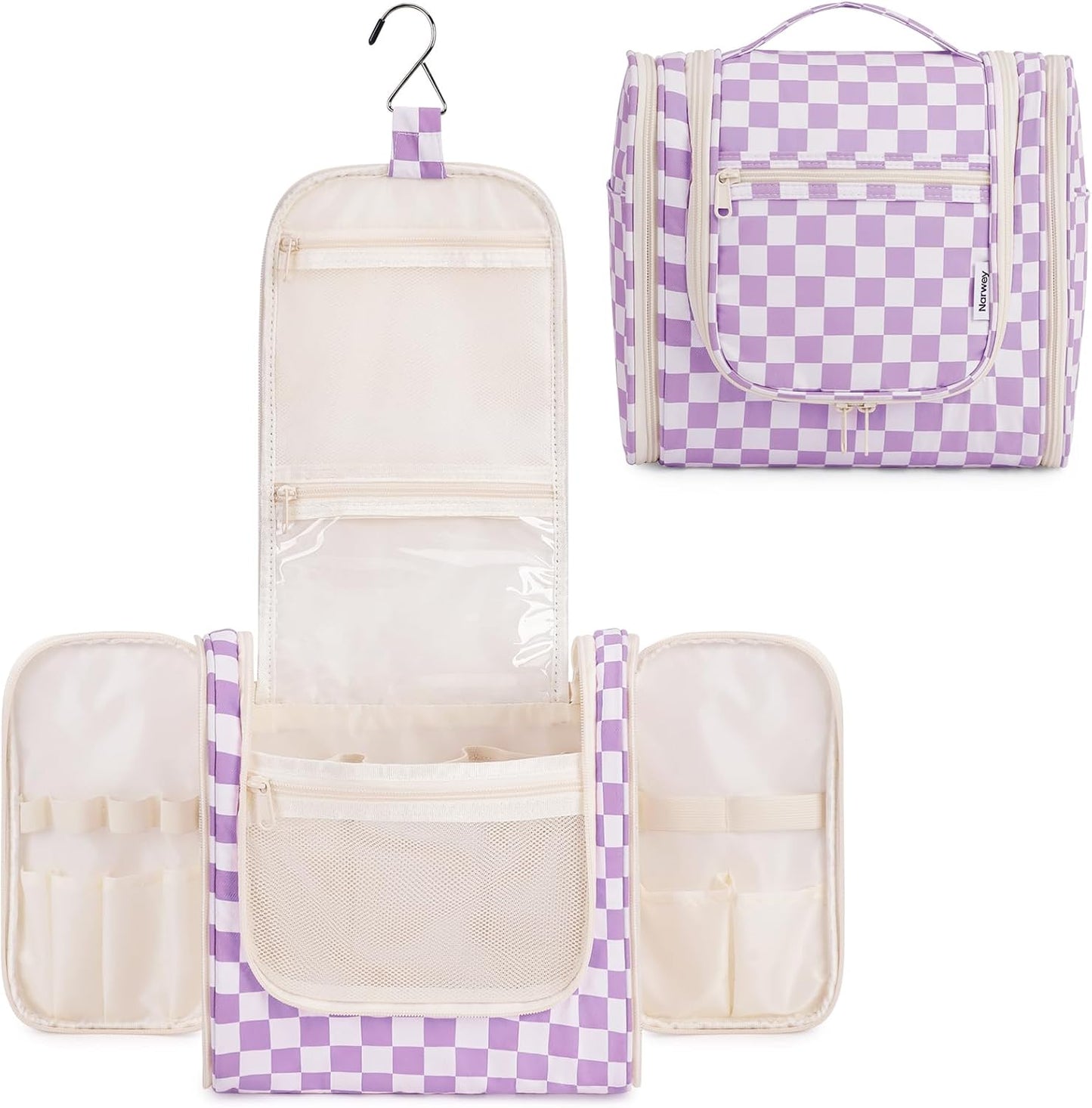 Hanging Toiletry Bag for Women | Travel Makeup Organizer - Large Blue Leaf Design