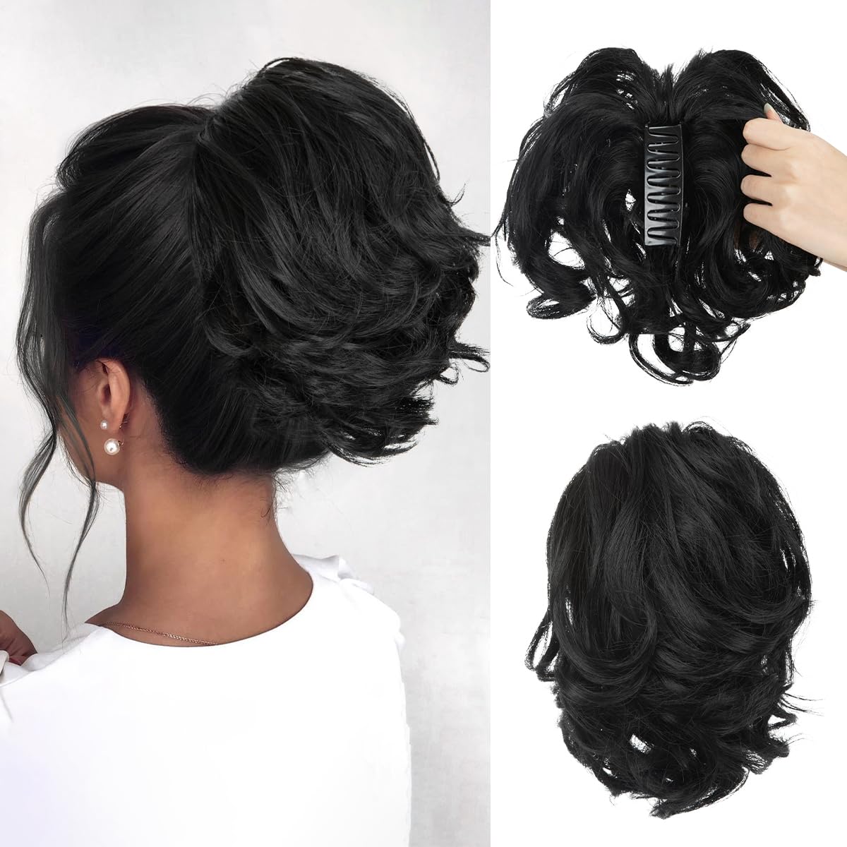CJL Hair Claw Clip Short Ponytail Extensions - Bendable Metal Messy Bun Piece | Wavy Curly Synthetic Hair, Ash Grey