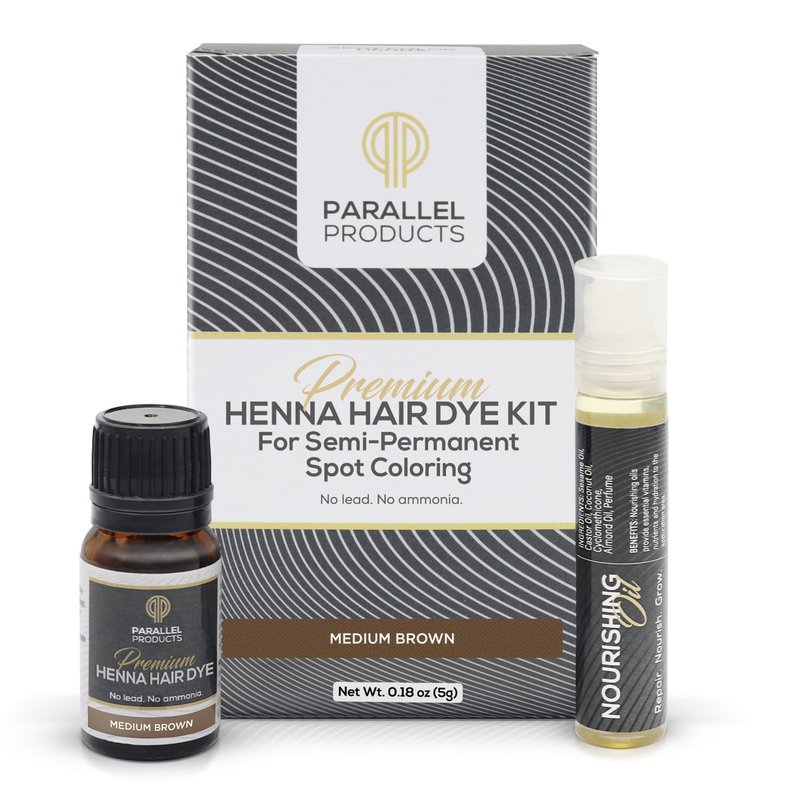 Henna Hair Dye Kit for Professional Spot Coloring - Nourishing Oil, Mixing Dish & Brush Included | 5g Medium Brown