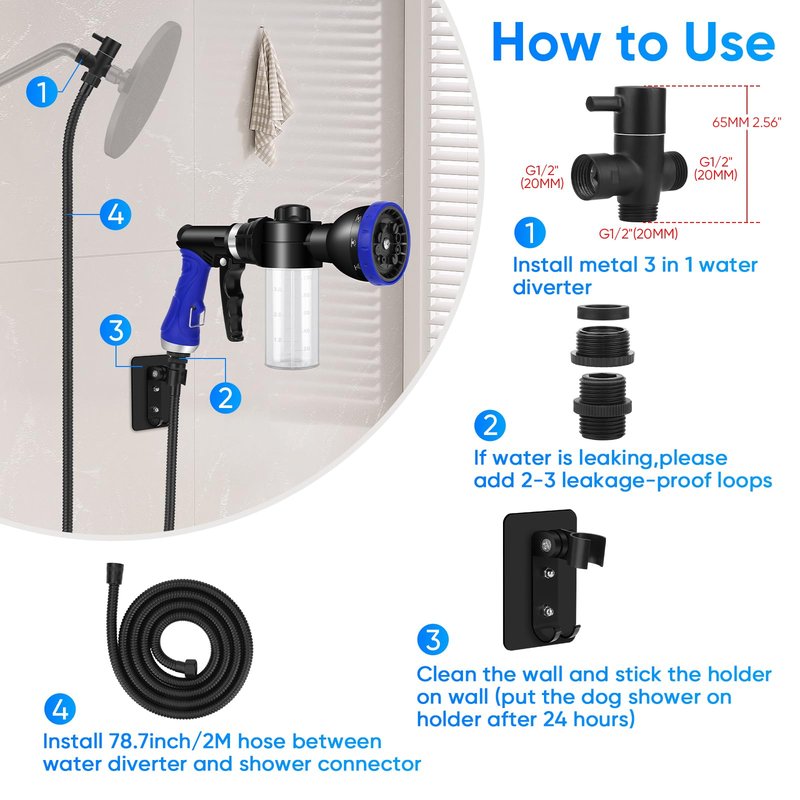 Dog Shower Attachment Water Hose Nozzle Sprayer Set with Metal 3-Way Diverter & 6.6 Ft Long Hose, Tub Faucet for Shower Arm Easy Faucet Pup Pet Bathing Sprayer Washer Kit